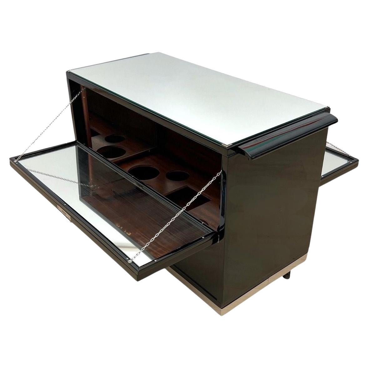 Art Deco Bar Cart, Black Lacquer, Mahogany, Mirrors, Chrome, France circa 1930 For Sale
