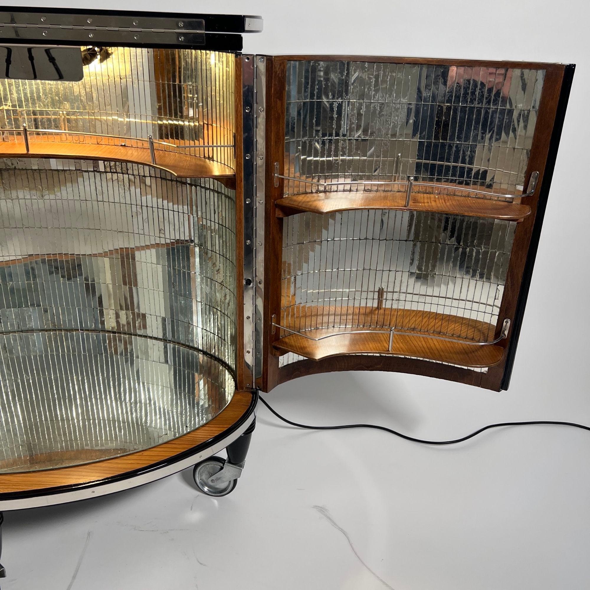Art Deco Bar Cart, Black Lacquer, Mirrored, Lighting, France circa 1930 11