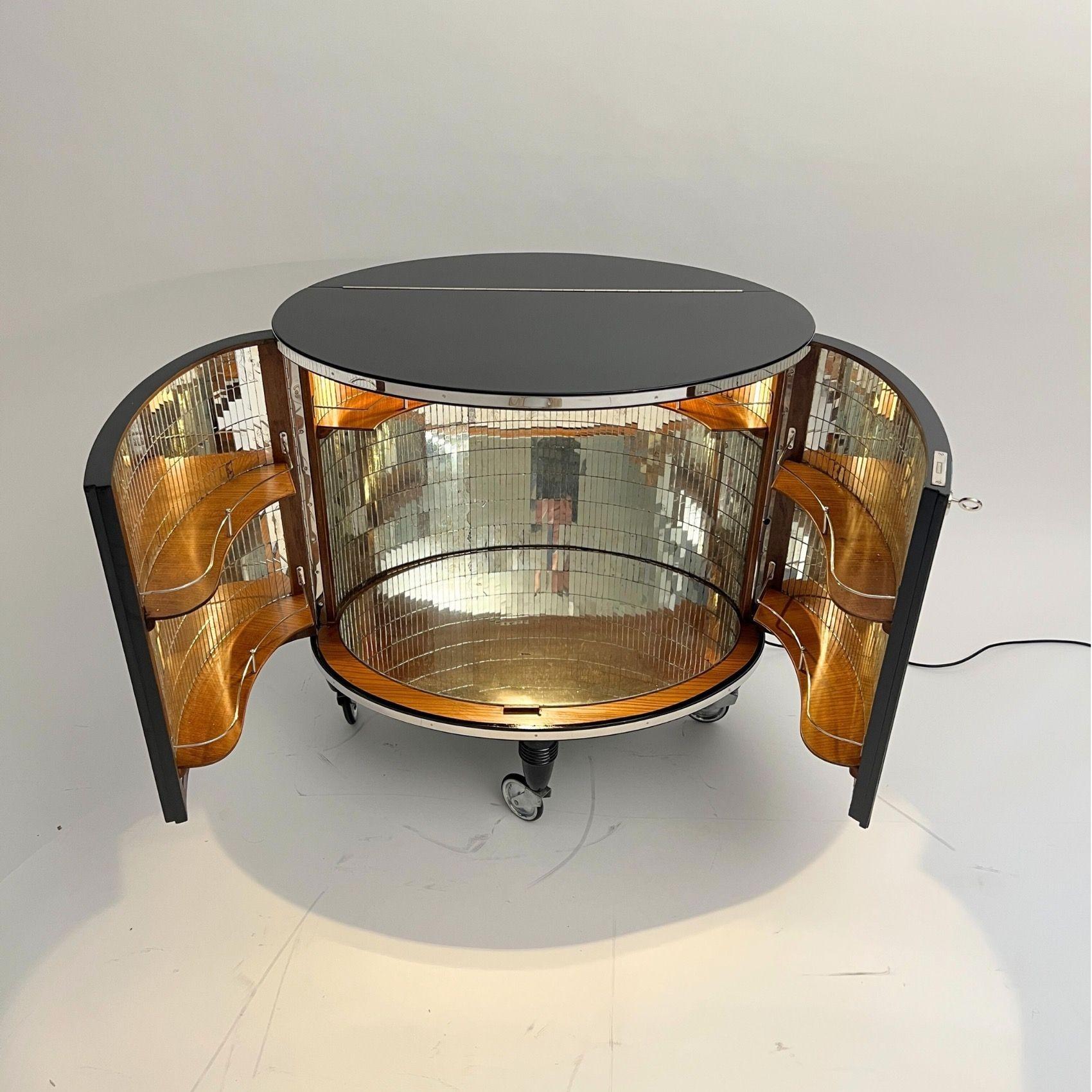 French Art Deco Bar Cart, Black Lacquer, Mirrored, Lighting, France circa 1930