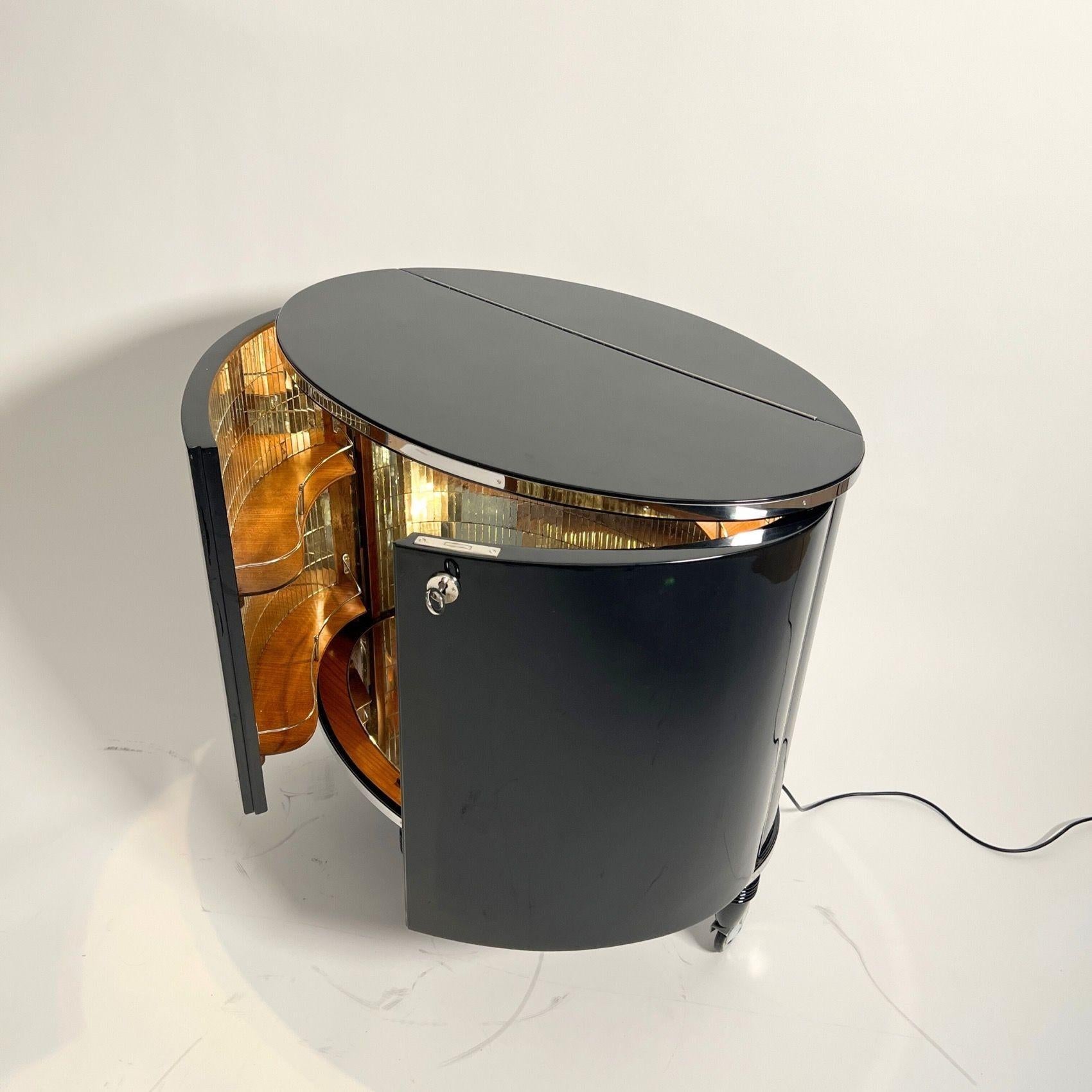 Stainless Steel Art Deco Bar Cart, Black Lacquer, Mirrored, Lighting, France circa 1930