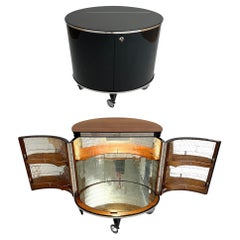 Art Deco Bar Cart, Black Lacquer, Mirrored, Lighting, France circa 1930