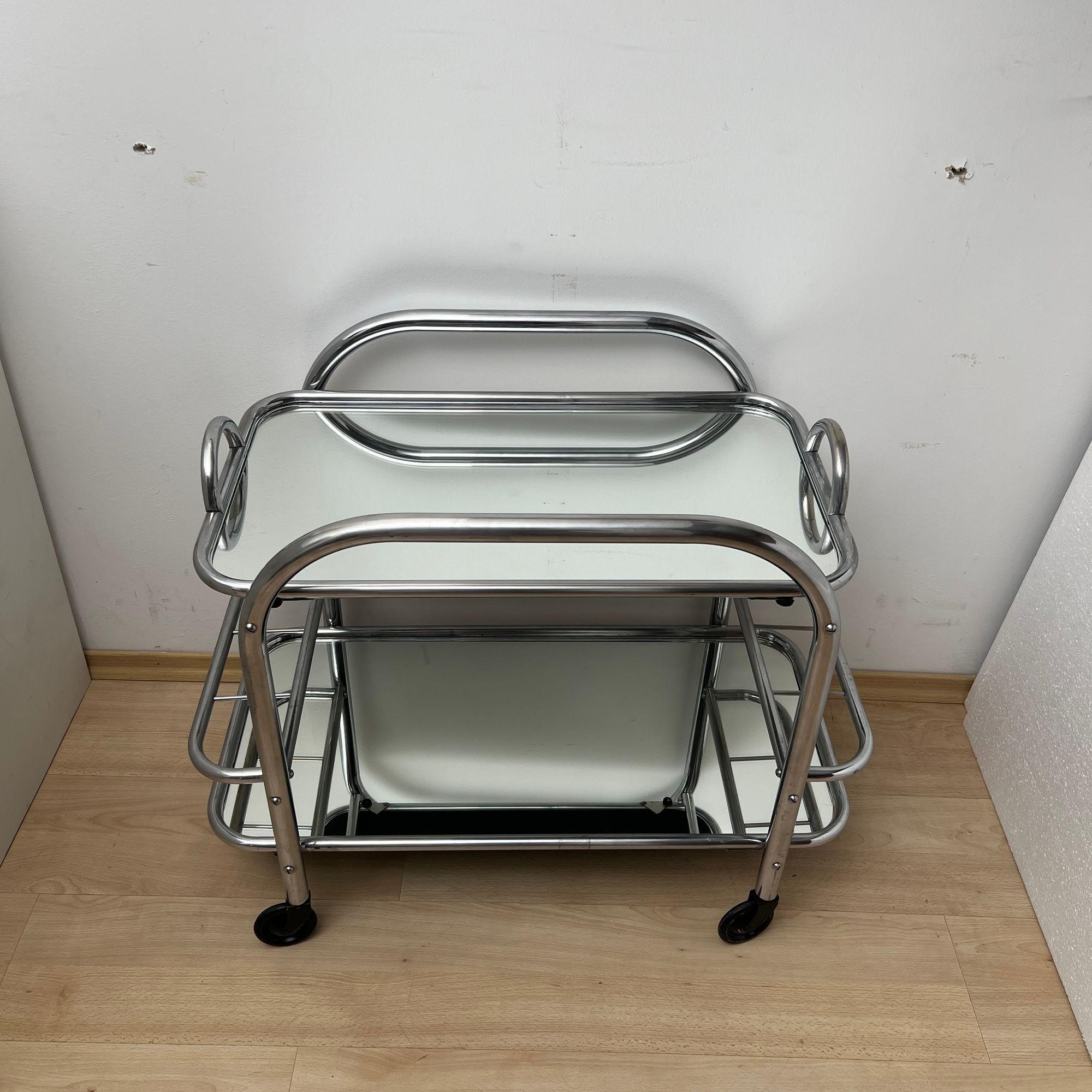 Galvanized Art Deco Bar Cart by Robert Mallet-Stevens, Chromed Steel, France circa 1925 For Sale