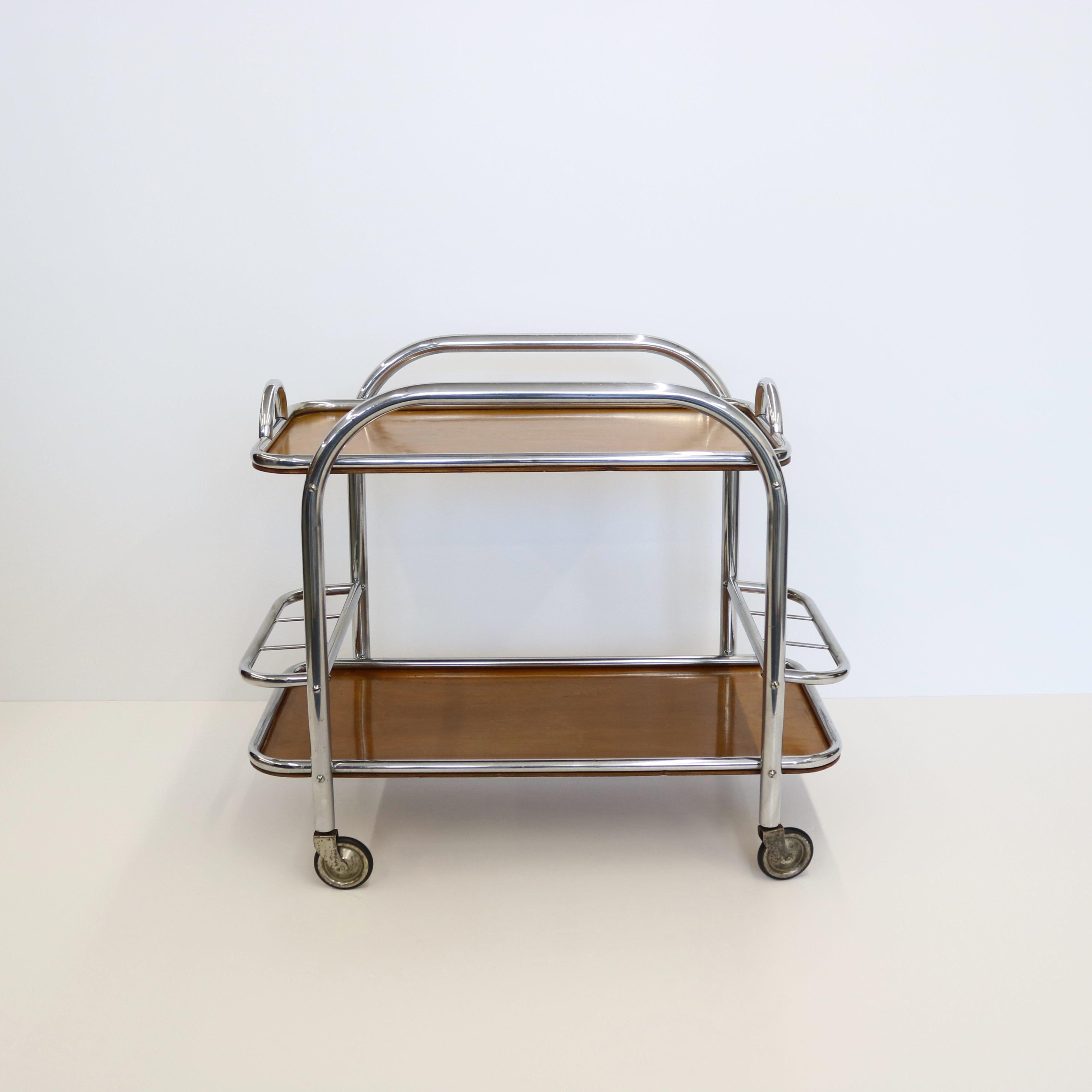 French Art Deco Bar Cart Nickel and Wood, Robert Mallet-Stevens For Sale