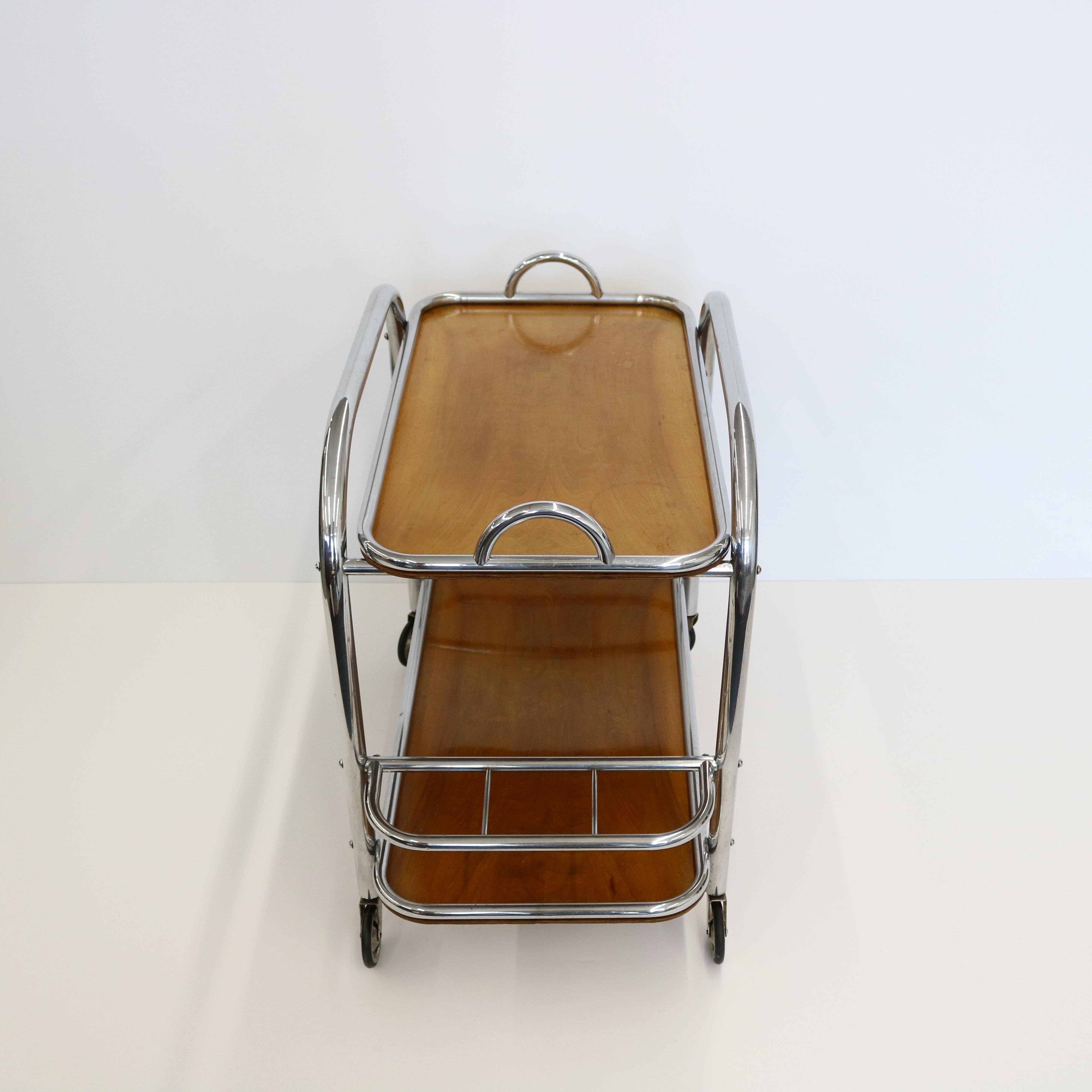 Art Deco Bar Cart Nickel and Wood, Robert Mallet-Stevens In Good Condition For Sale In New York, NY