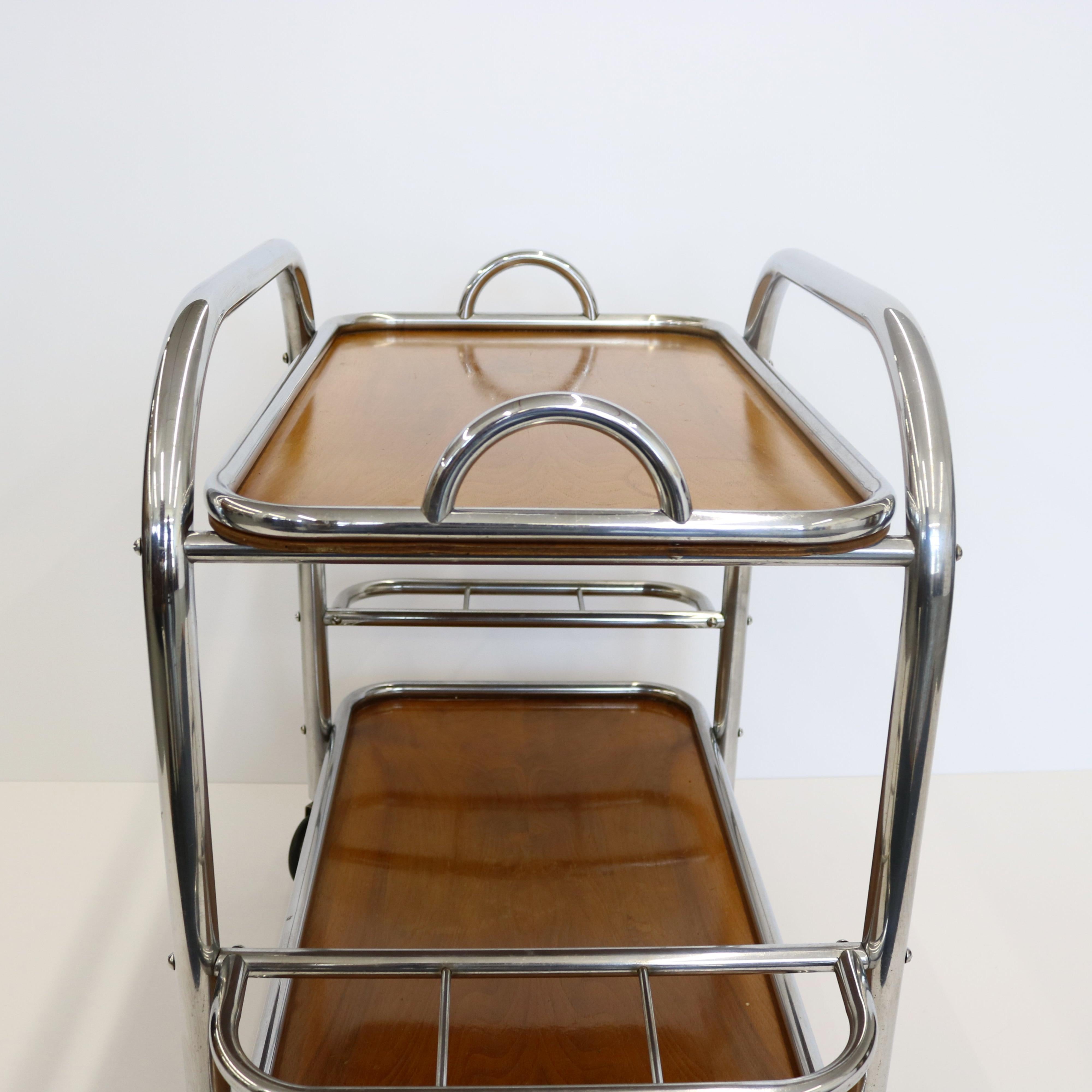20th Century Art Deco Bar Cart Nickel and Wood, Robert Mallet-Stevens For Sale