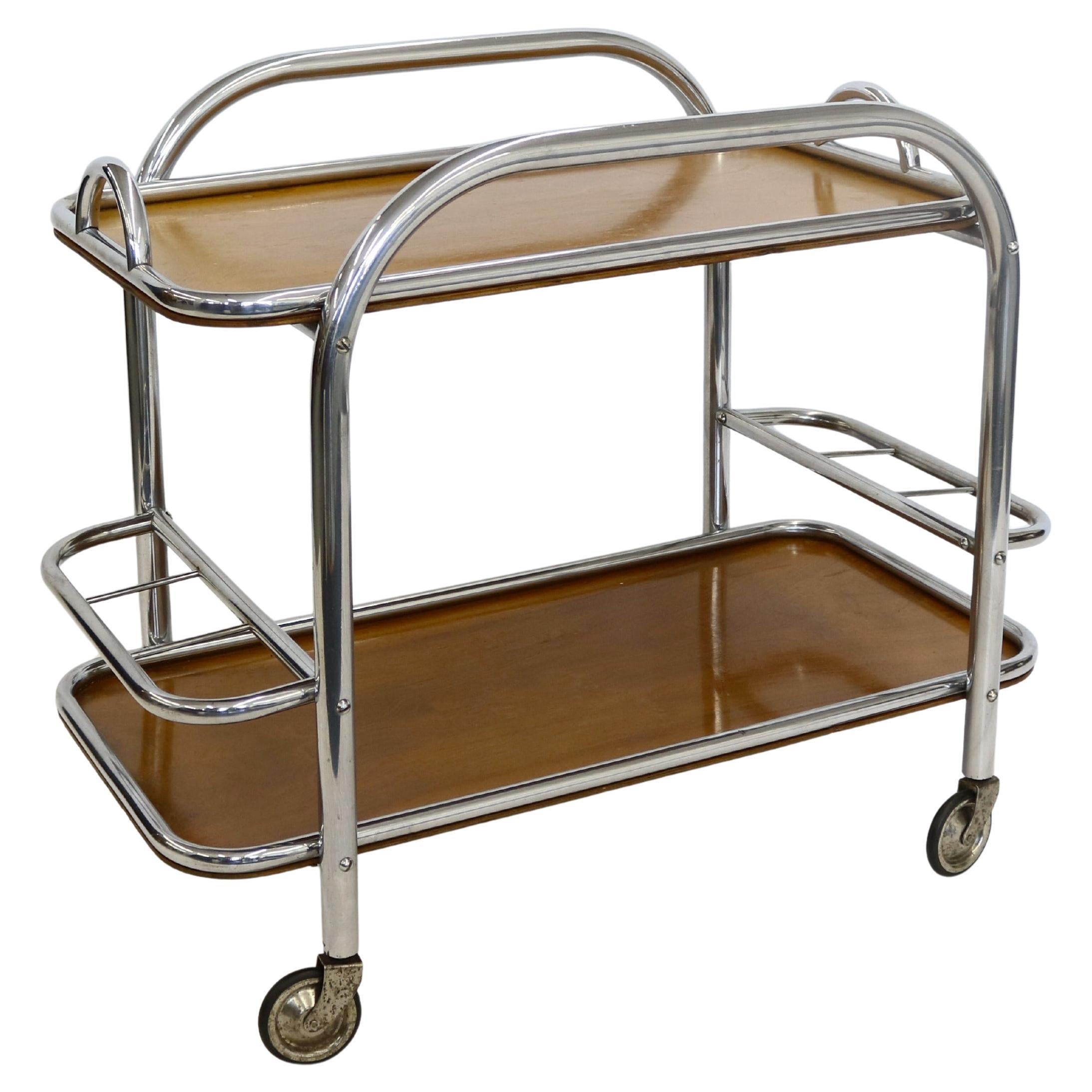 Art Deco Bar Cart Nickel and Wood, Robert Mallet-Stevens For Sale