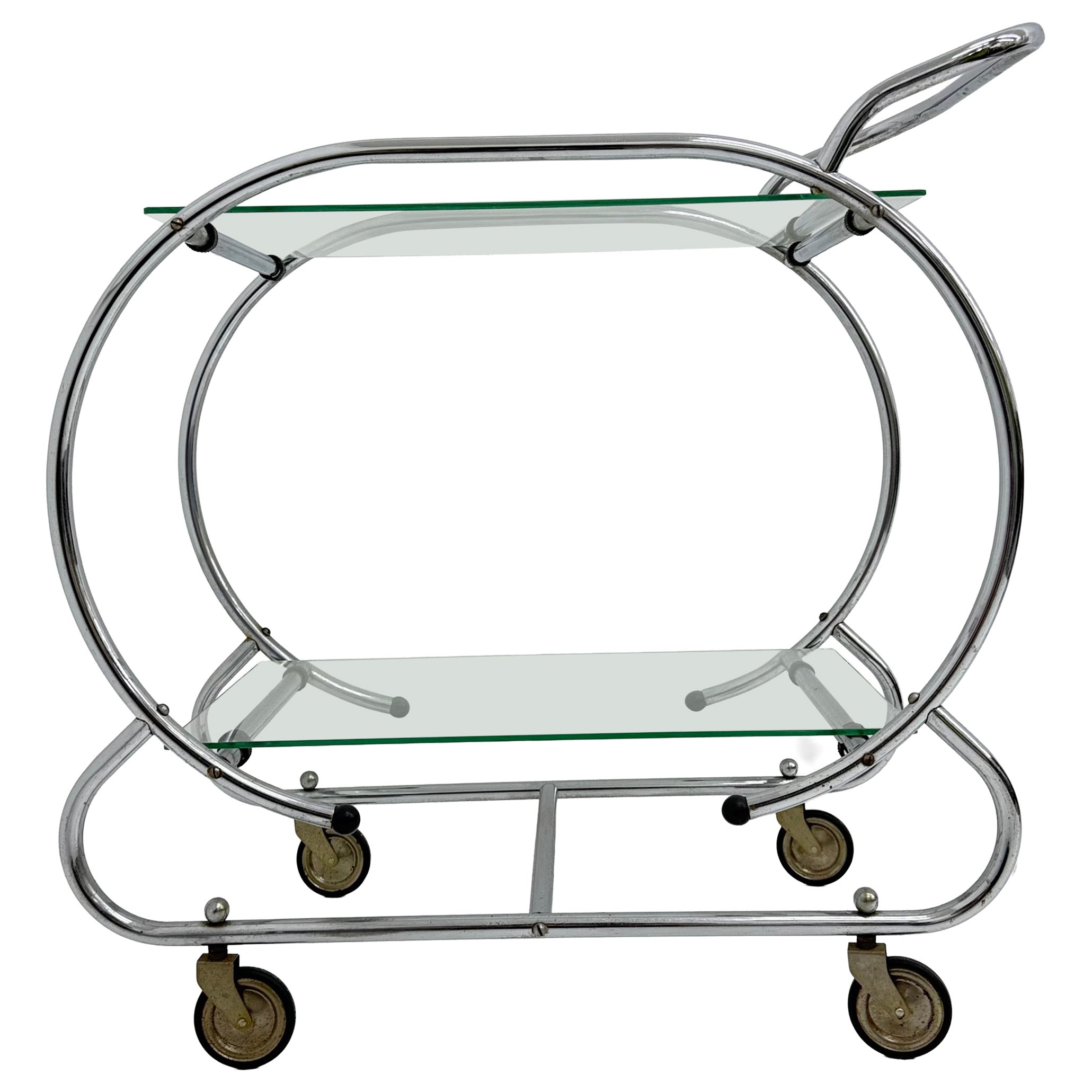 Carrello bar in stile Art Déco con struttura tubolare cromata, anni ’30
