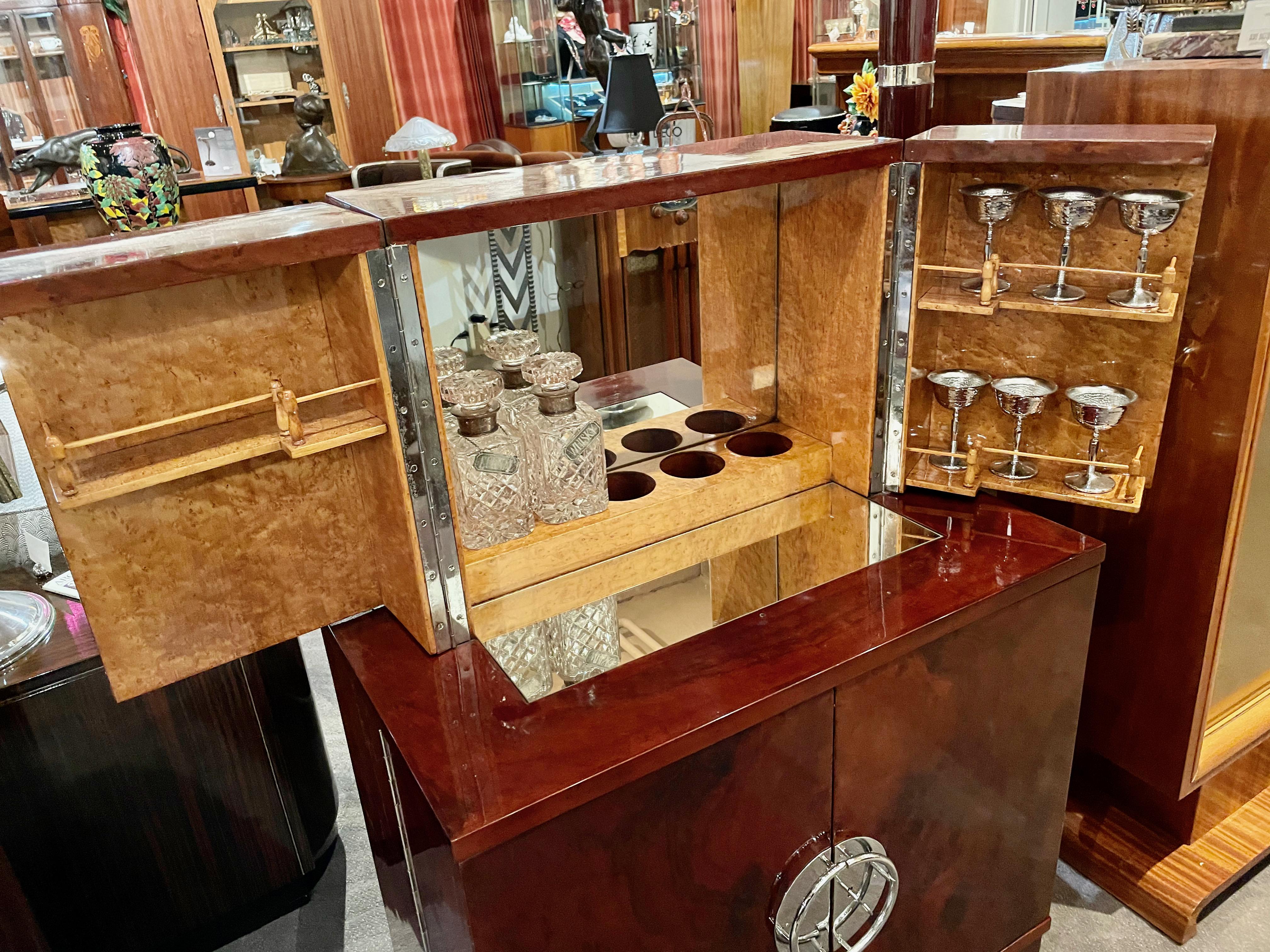 Art Deco Modern French double decker bar. Custom design in spectacular woods inside and out. Interior of solid finished wood in a burl honey-colored maple wood. Even the shelves and cup rails are all in wood. Super quality. This would make a great