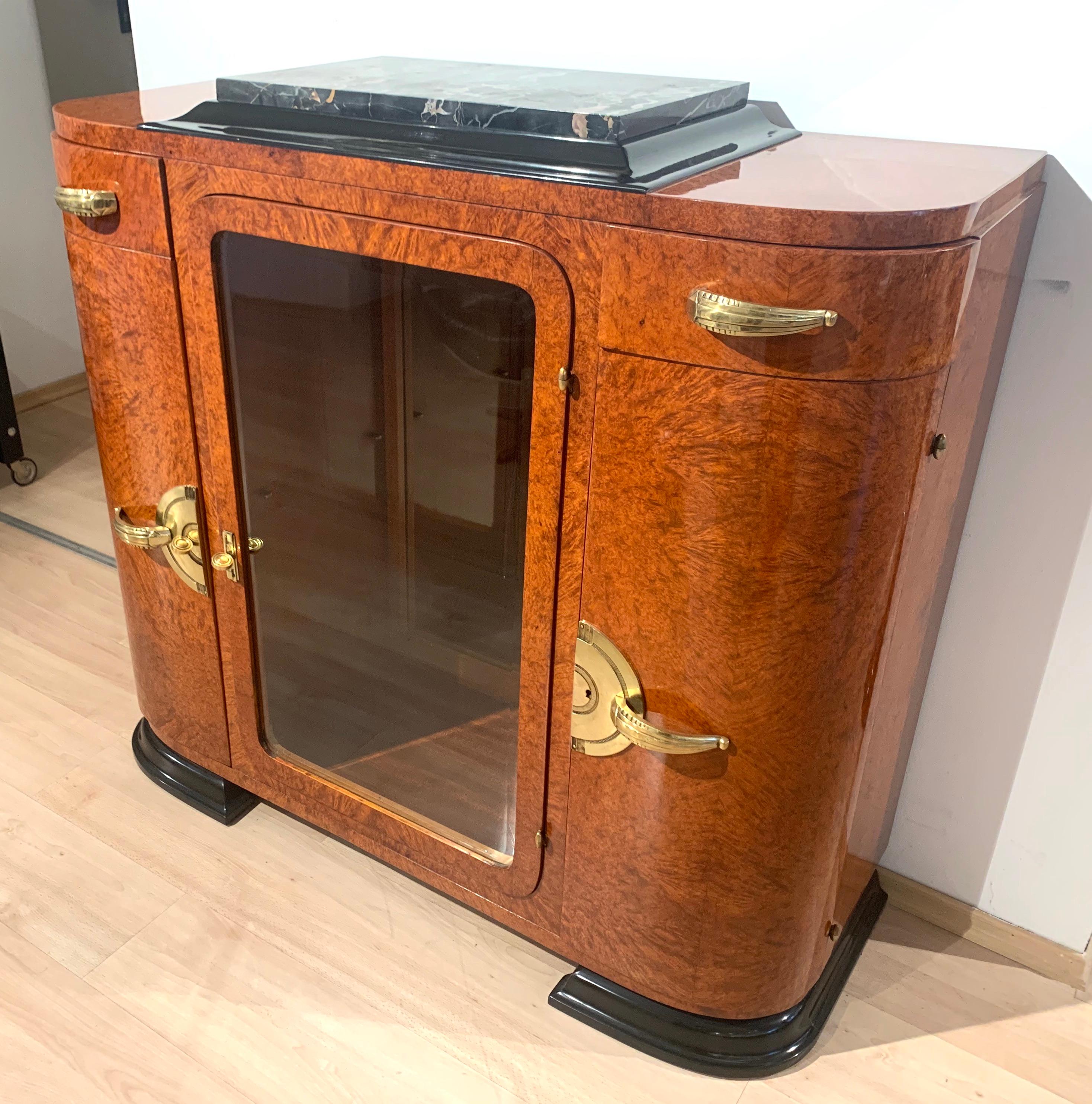 French Art Deco Bar Sideboard, Amboyna Roots, Bronze Fittings, France, circa 1925