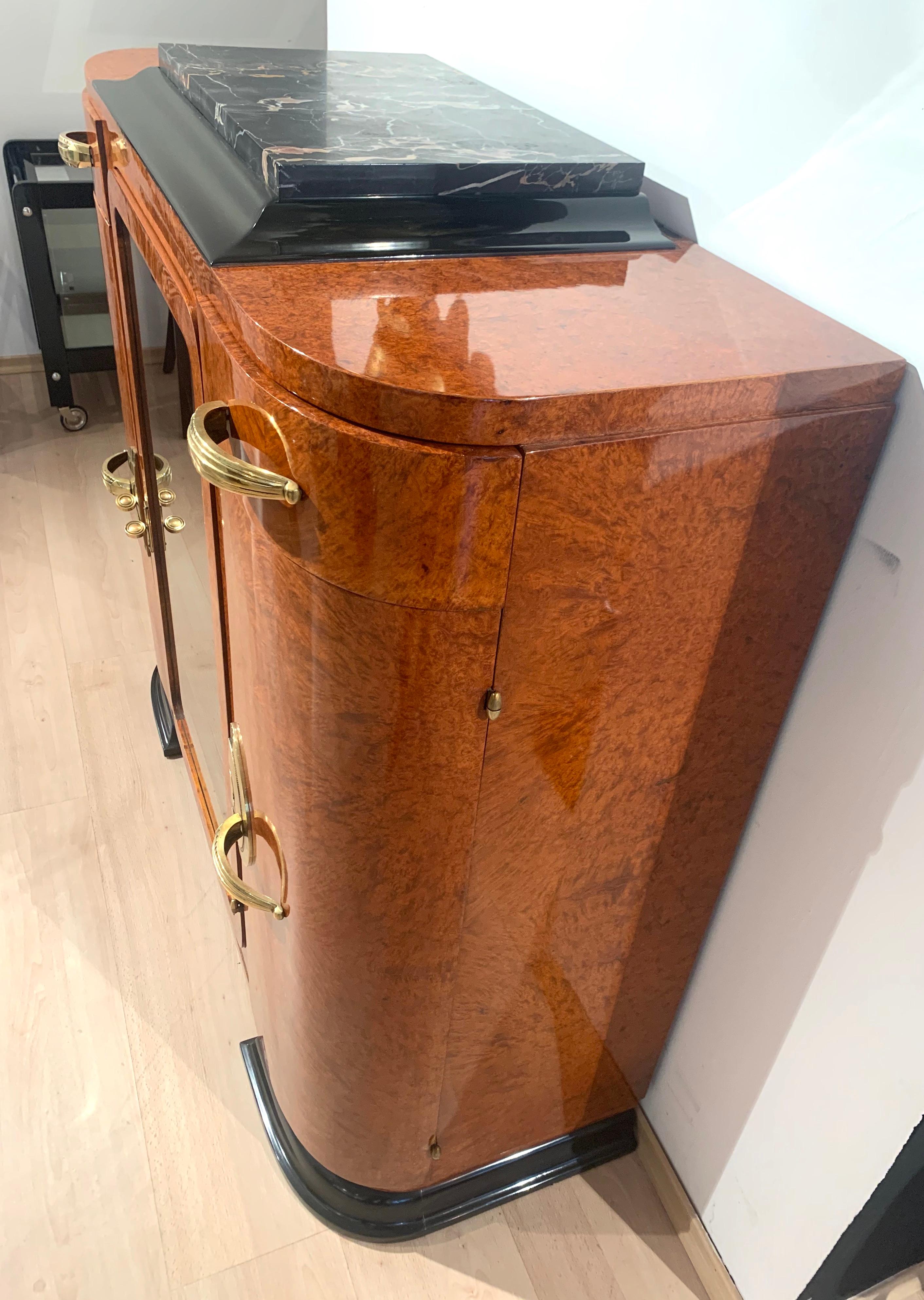 Ebonized Art Deco Bar Sideboard, Amboyna Roots, Bronze Fittings, France, circa 1925