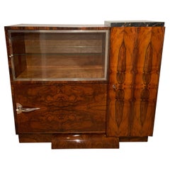 Art Deco Bar Sideboard, Walnut Veneer, Nickel, Marble, France, circa 1930