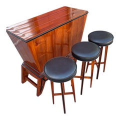 Art Deco Bar Suite: Black Lacquer & Wood with 3 Leather Stools, c. 1940