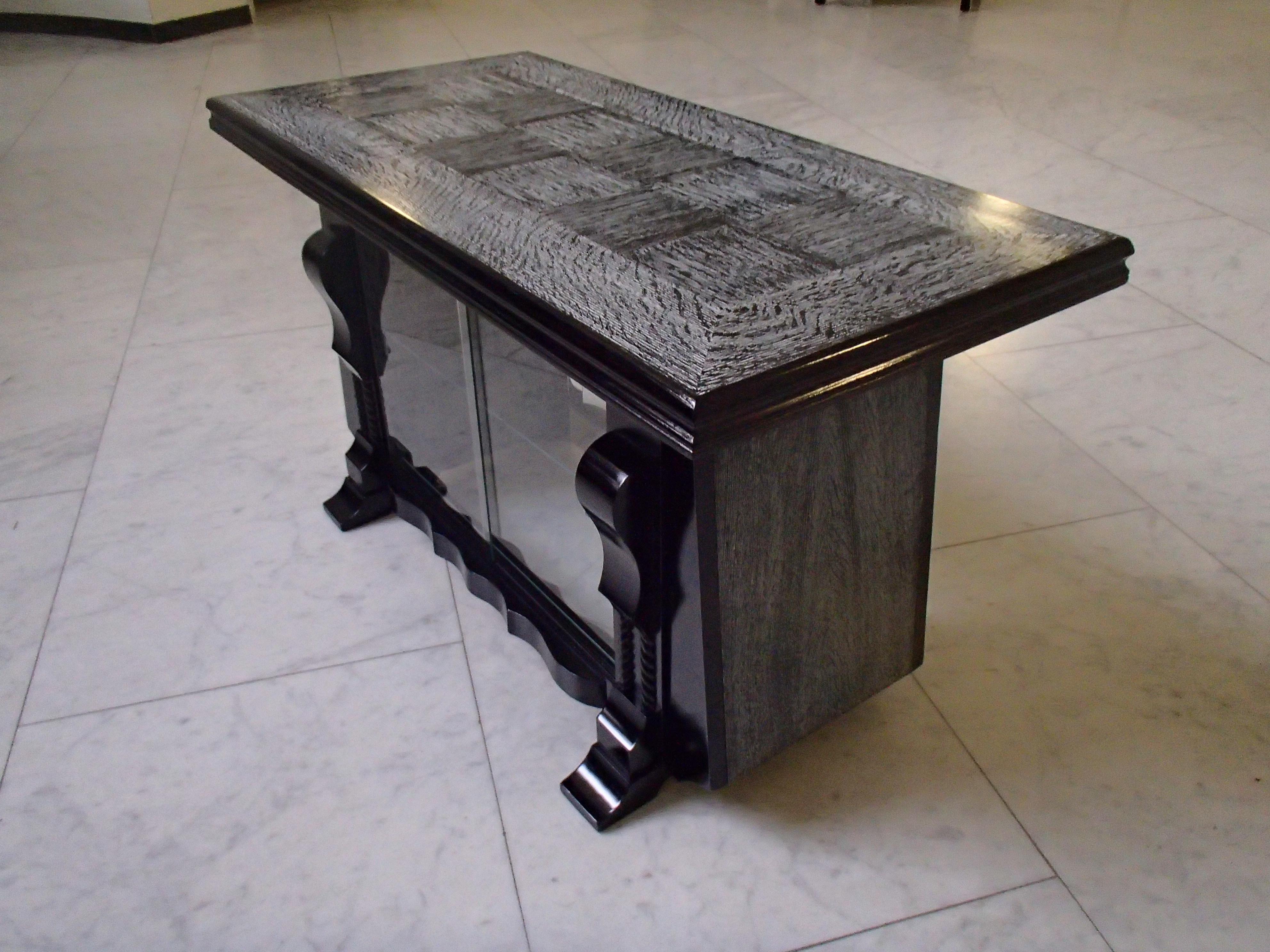 Table de bar Art Déco avec Vitrine Chêne Cérusé Noir 2 Portes Latérales Fond en Verre en vente 8