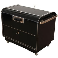 Art Deco Bar Trolley, Black Lacquer, Bird's Eye Maple, Chrome, France circa 1930