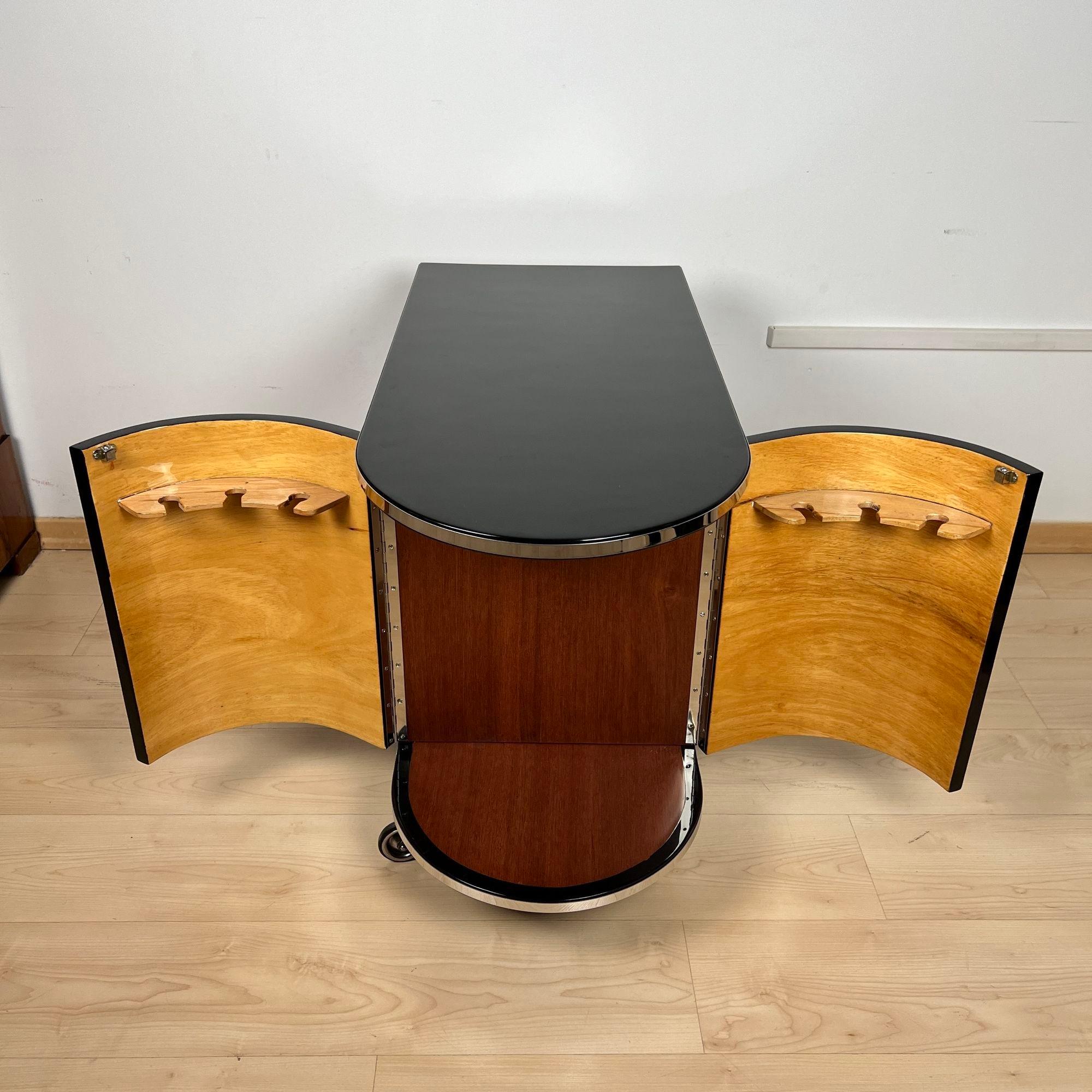 Art Deco Bar Trolley, Black Lacquer, Mahogany, Chrome, France circa 1930 3