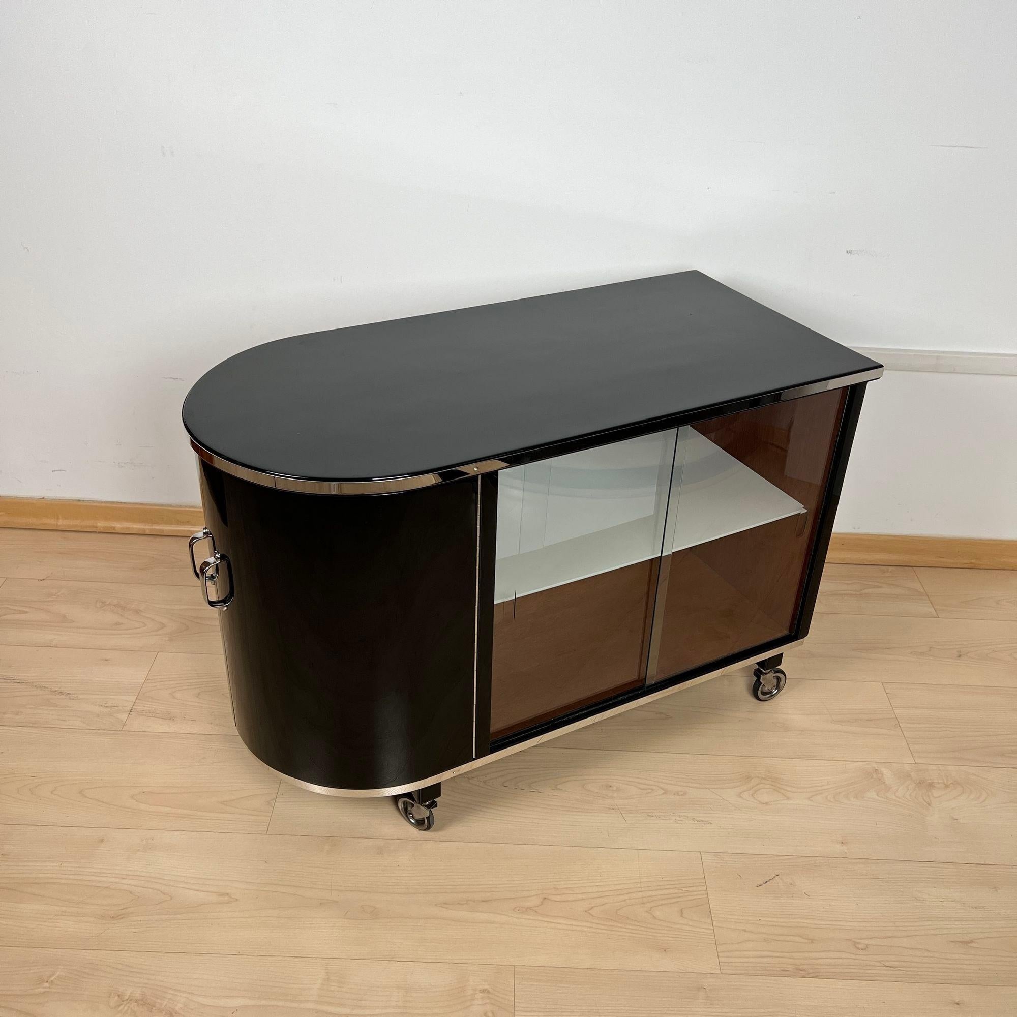 Art Deco Bar Trolley, Black Lacquer, Mahogany, Chrome, France circa 1930 7