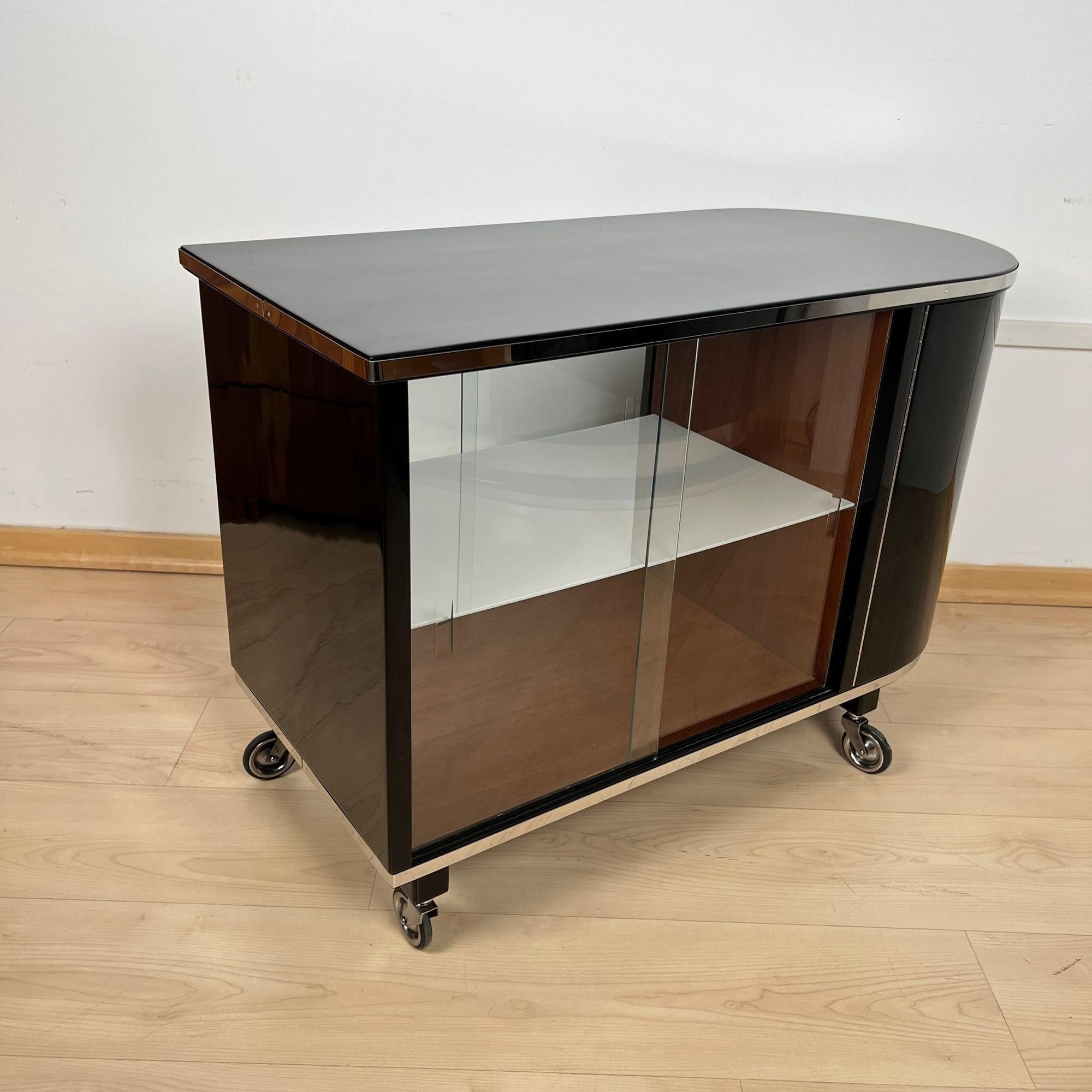 French Art Deco Bar Trolley, Black Lacquer, Mahogany, Chrome, France circa 1930