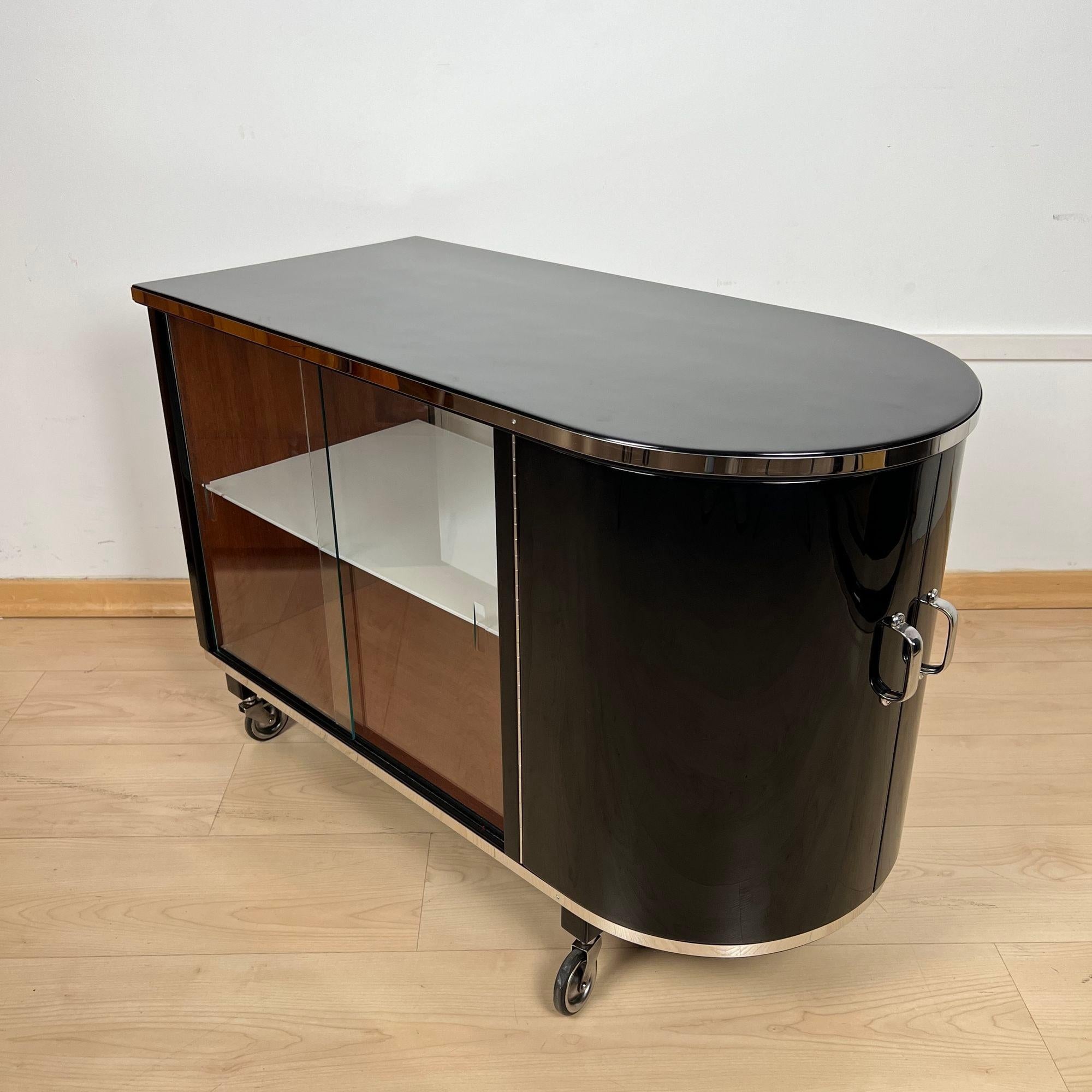 Galvanized Art Deco Bar Trolley, Black Lacquer, Mahogany, Chrome, France circa 1930