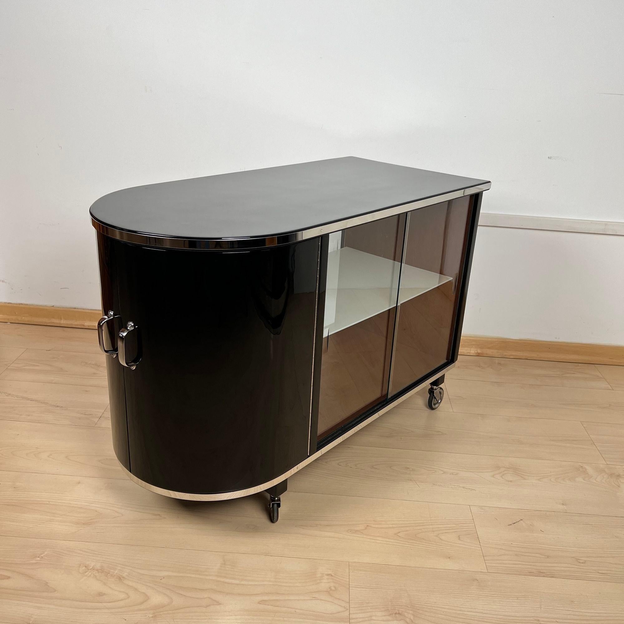 Stainless Steel Art Deco Bar Trolley, Black Lacquer, Mahogany, Chrome, France circa 1930