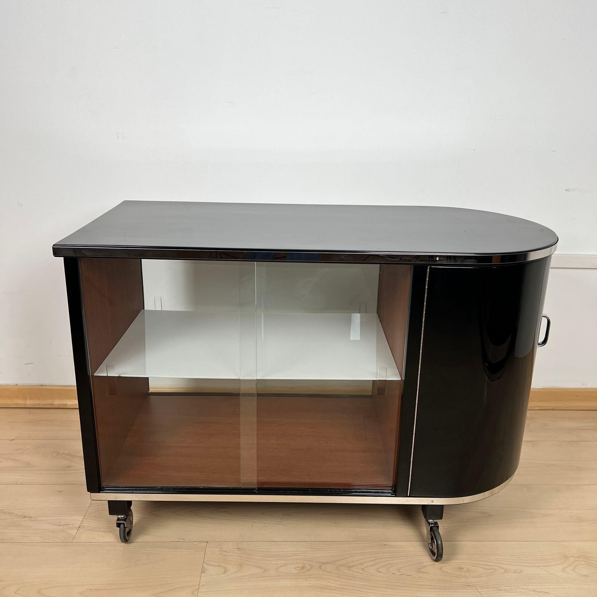 Art Deco Bar Trolley, Black Lacquer, Mahogany, Chrome, France circa 1930 1