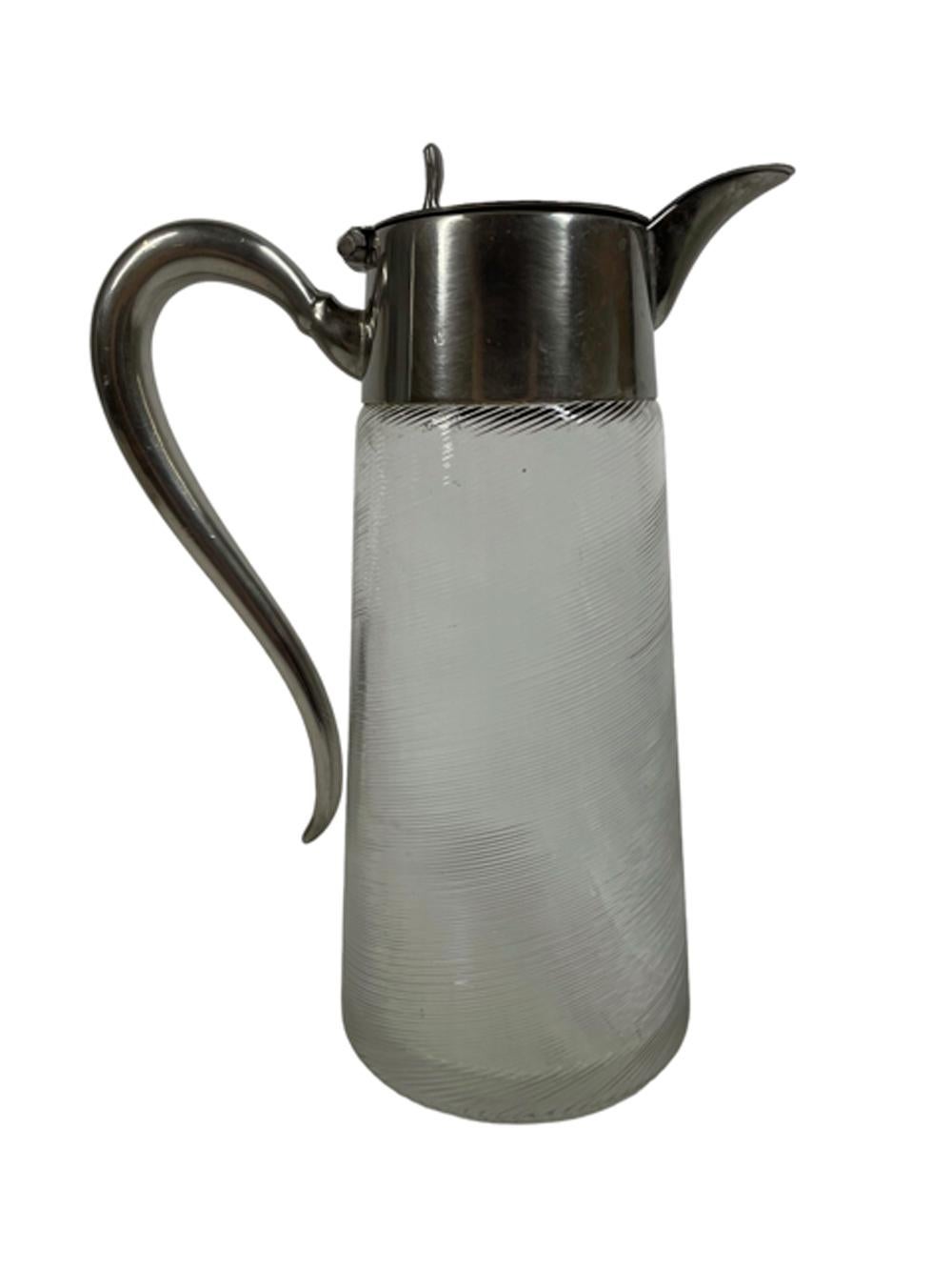 Art Deco threaded glass bar or water pitcher with silver plate collar with hinged cover and 