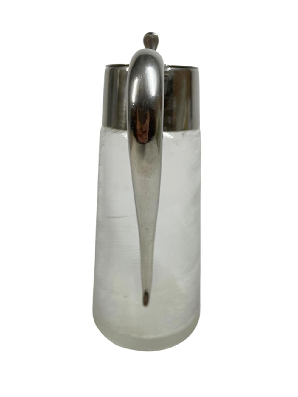 European Art Deco Bar/Water Pitcher, Silver Plate Mounted Threaded Glass of Tapered Form For Sale