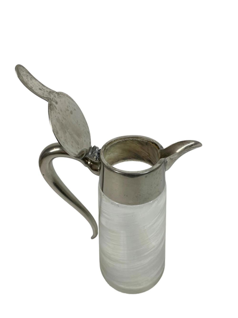 20th Century Art Deco Bar/Water Pitcher, Silver Plate Mounted Threaded Glass of Tapered Form For Sale