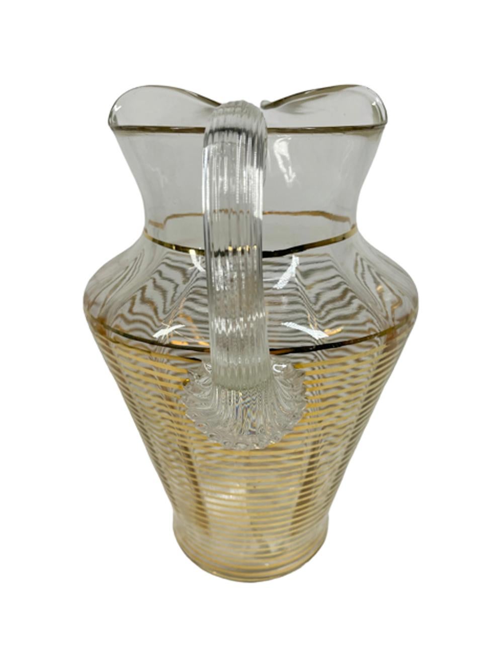 American Art Deco Bar / Water Pitcher with Narrow gold Bands on Optical Ribbed Glass For Sale