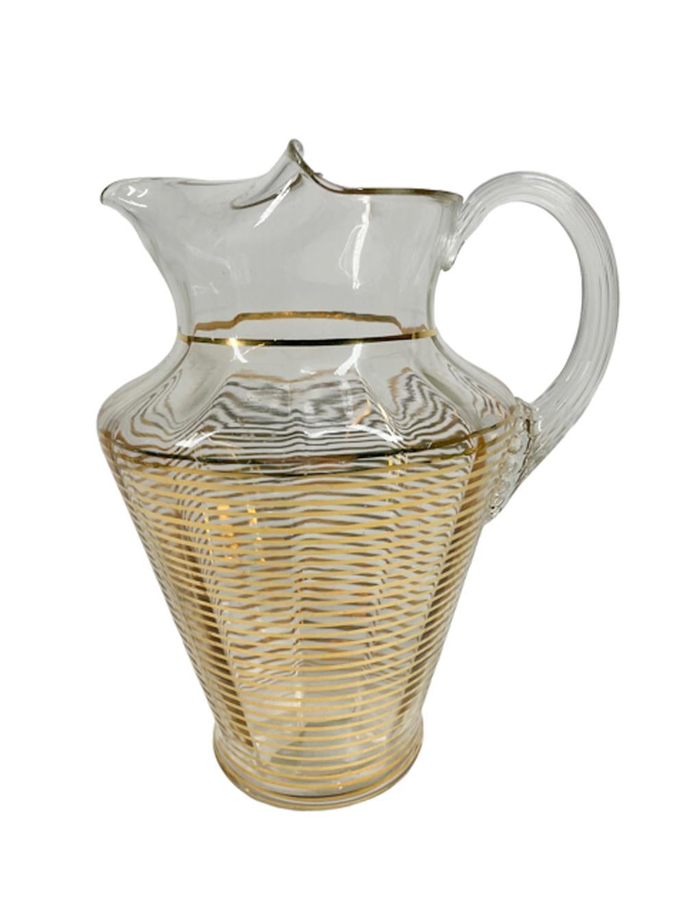 20th Century Art Deco Bar / Water Pitcher with Narrow gold Bands on Optical Ribbed Glass For Sale