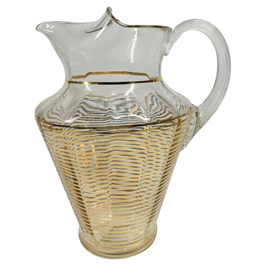 Art Deco Bar / Water Pitcher with Narrow gold Bands on Optical Ribbed Glass