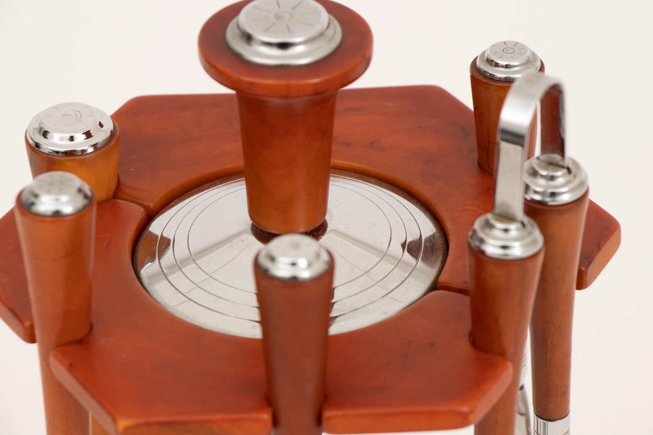 20th Century Art Deco Barmans Rotary with Amber Bakelite and Chrome Utensils by Glo Hill