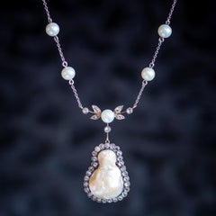 Art Deco Baroque Pearl Diamond Lavaliere Necklace 18ct Gold, Circa 1920