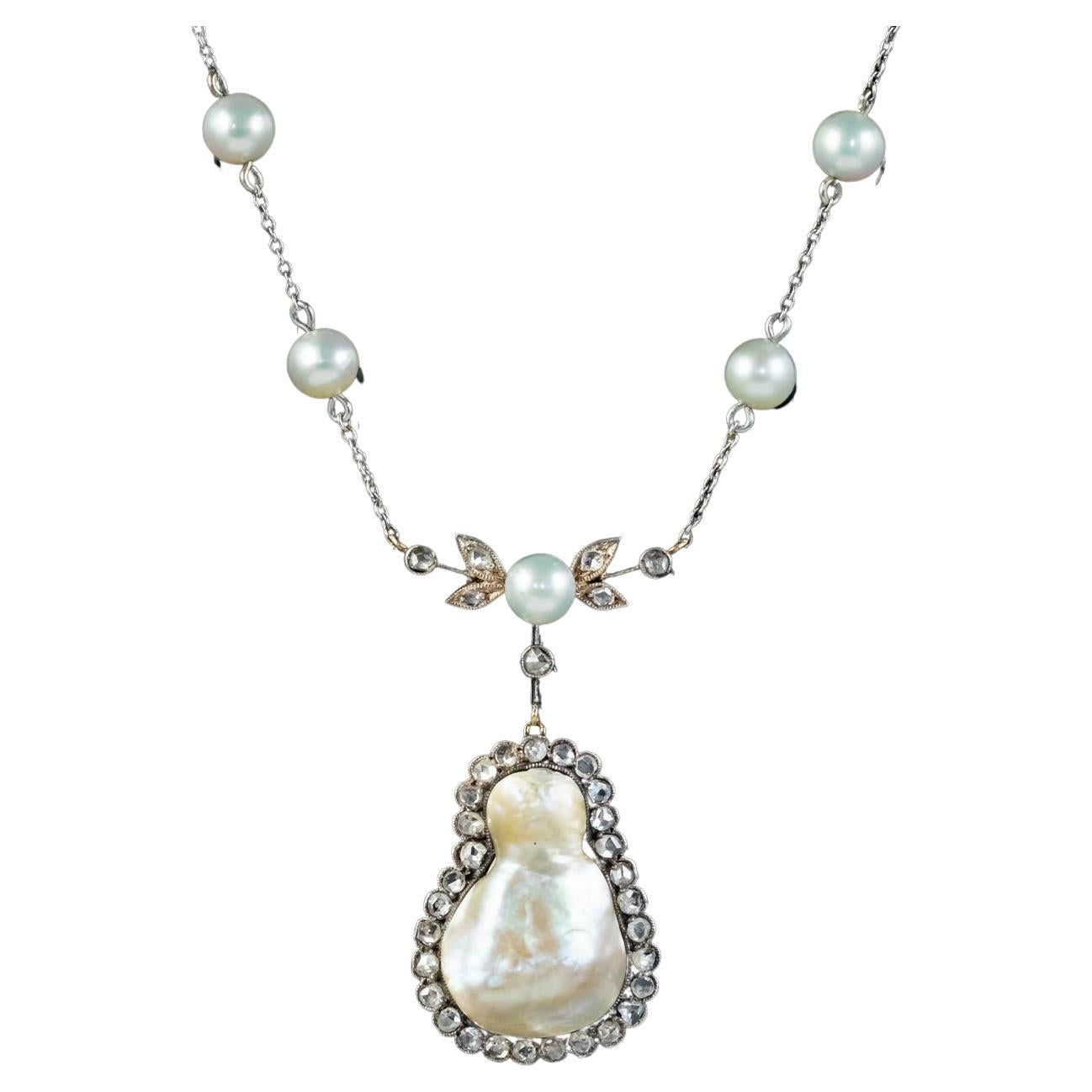 Art Deco Baroque Pearl Diamond Lavaliere Necklace 18ct Gold, Circa 1920