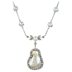Art Deco Baroque Pearl Diamond Lavaliere Necklace 18ct Gold, Circa 1920