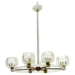 Art Deco, Barovier 6 lights chandelier in Murano Bullicante glass. Italy 1930s