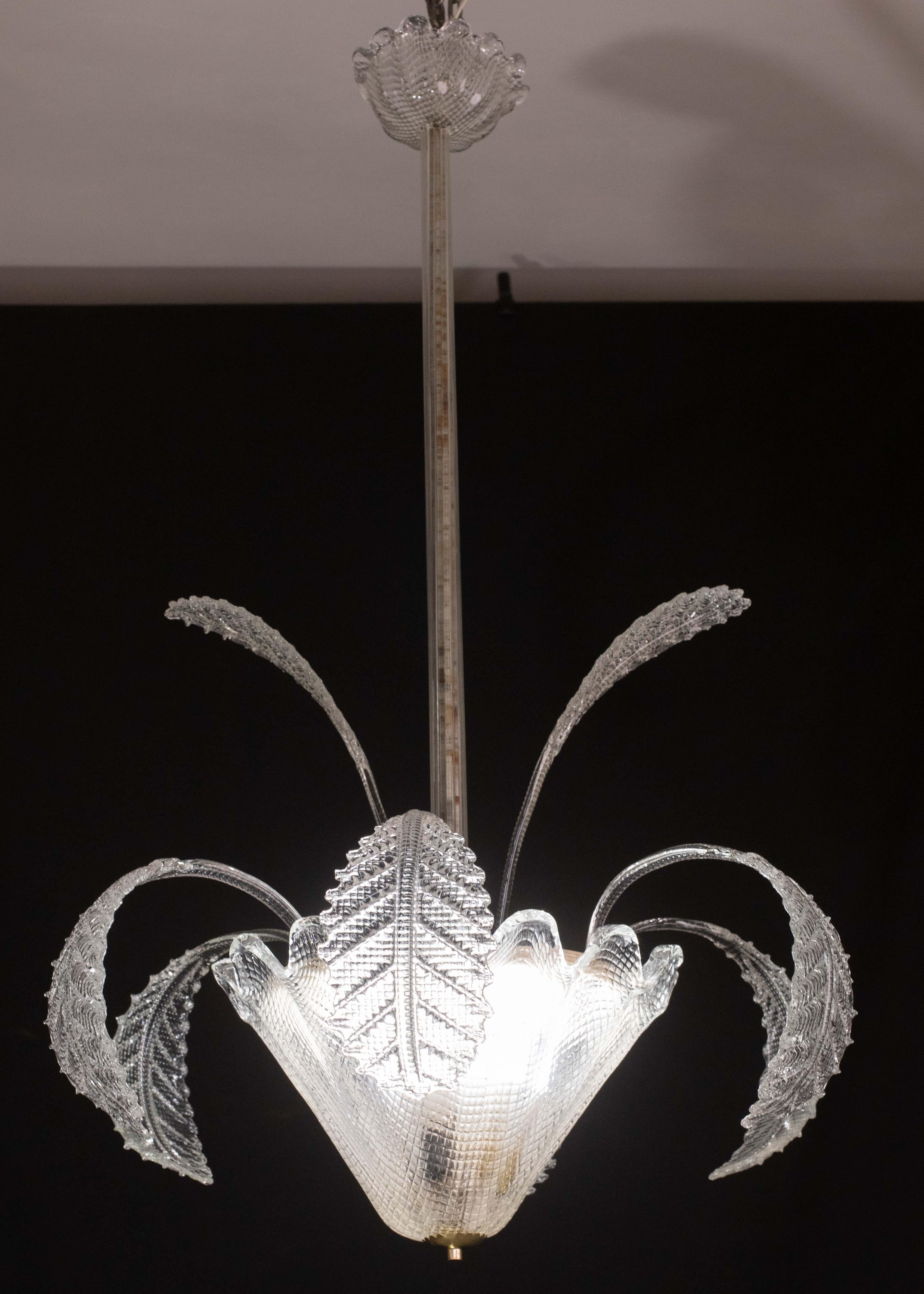 Art Deco chandelier made by the glassworks Barovier & Toso in the 1940s-1950s.
The chandelier is 100 centimetres high and 60 centimetres wide.
It mounts three E14 lights, possible to switch for Usa standards.
The glass elements, all original and in