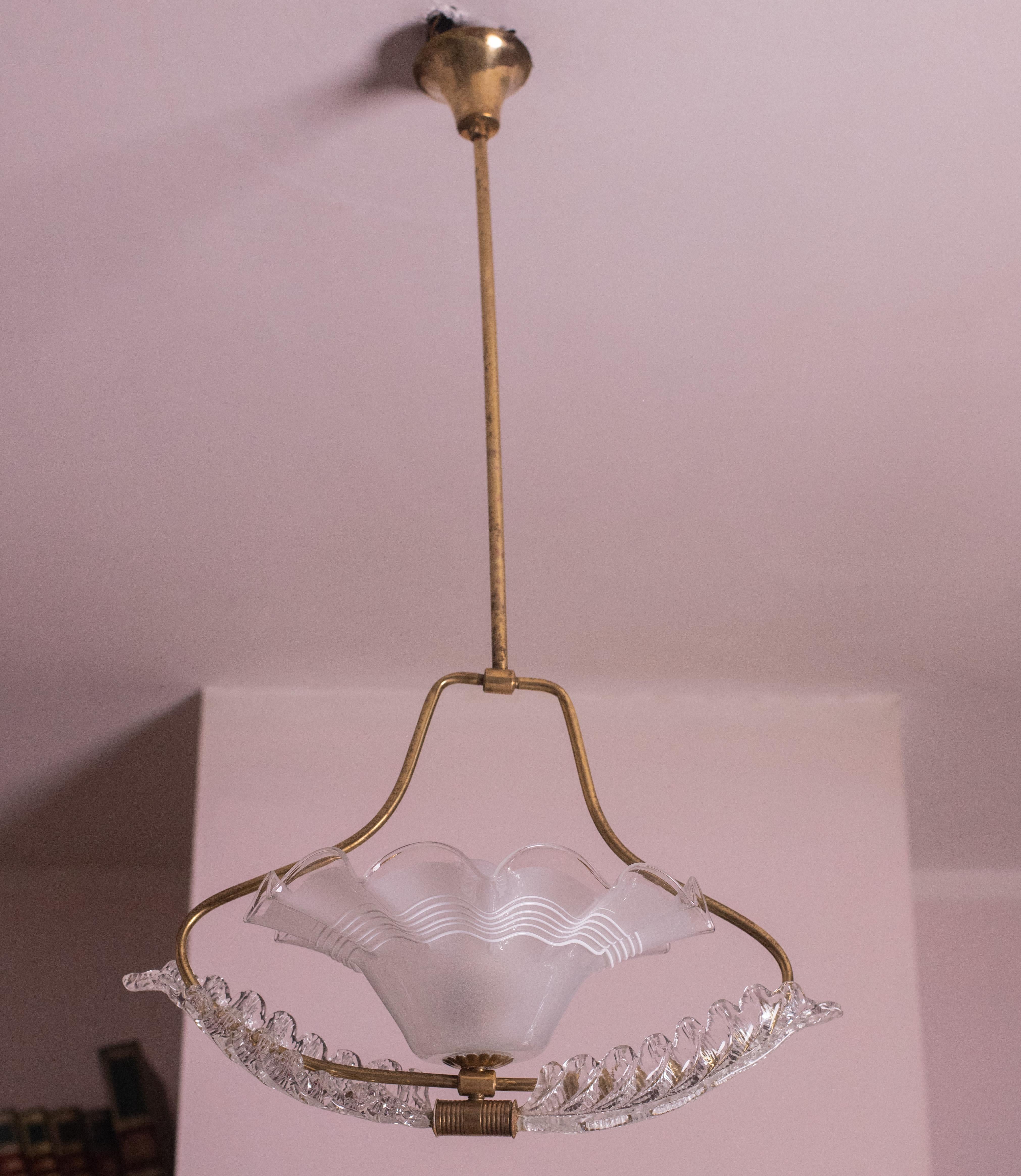 Mid-20th Century Art Decò, Barovier & Toso Pendant Light Murano Glass, 1940s For Sale