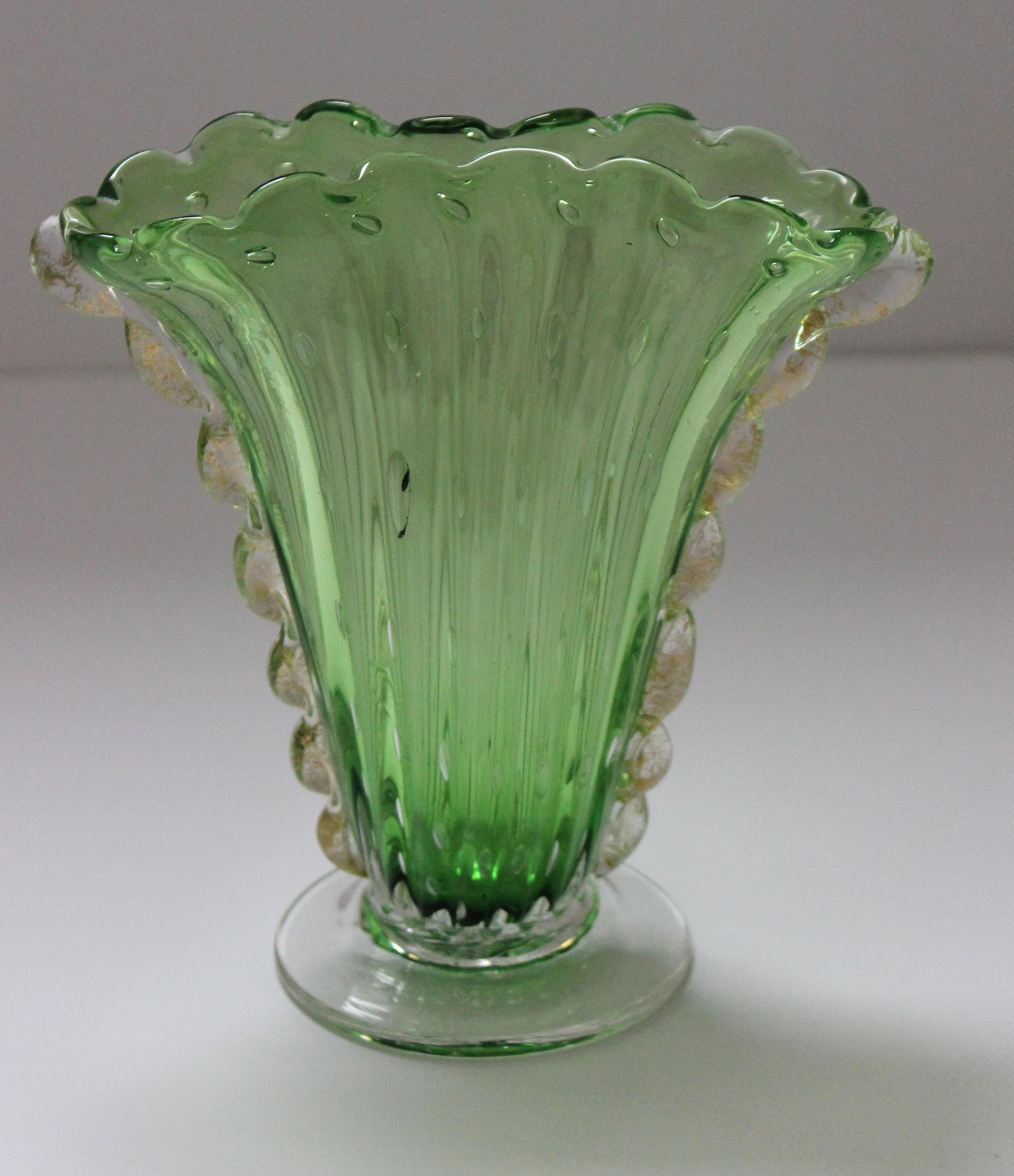 Italian Art Deco Barovier & Toso Vase Green with Gold Inclusions For Sale