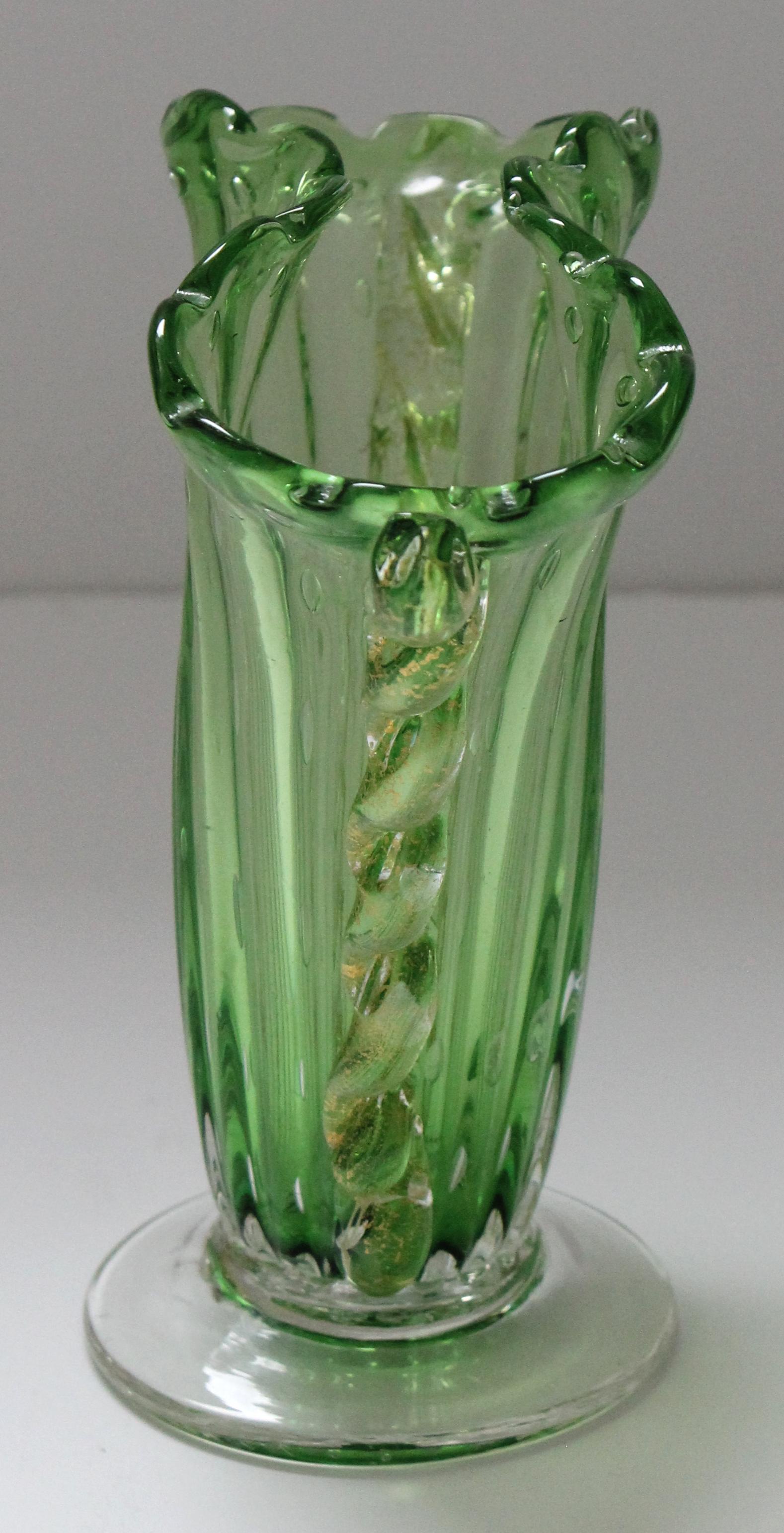 Italian Art Deco Barovier & Toso Vase Green with Gold Inclusions For Sale