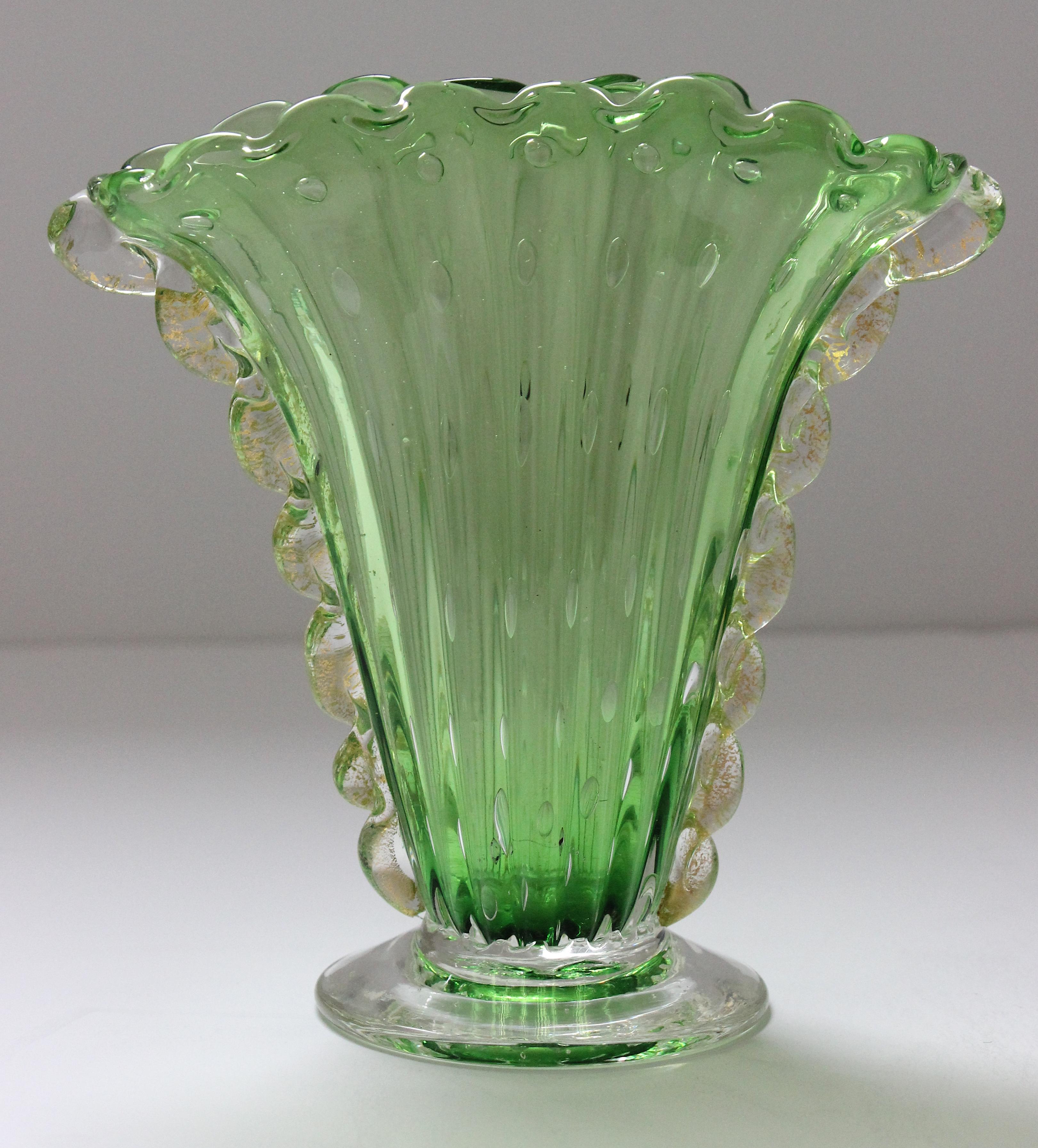 Murano Glass Art Deco Barovier & Toso Vase Green with Gold Inclusions For Sale