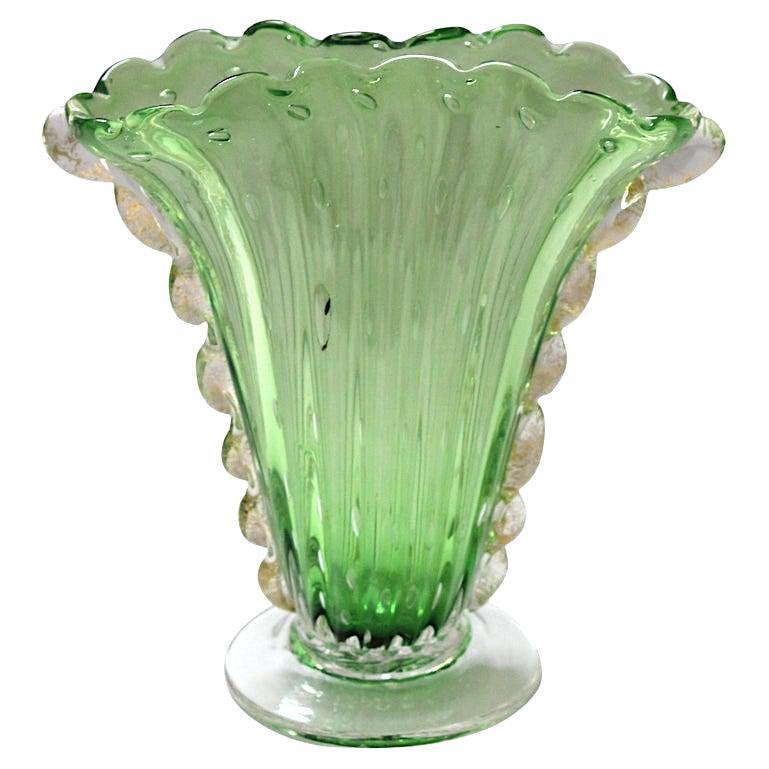 Art Deco Barovier & Toso Vase Green with Gold Inclusions For Sale