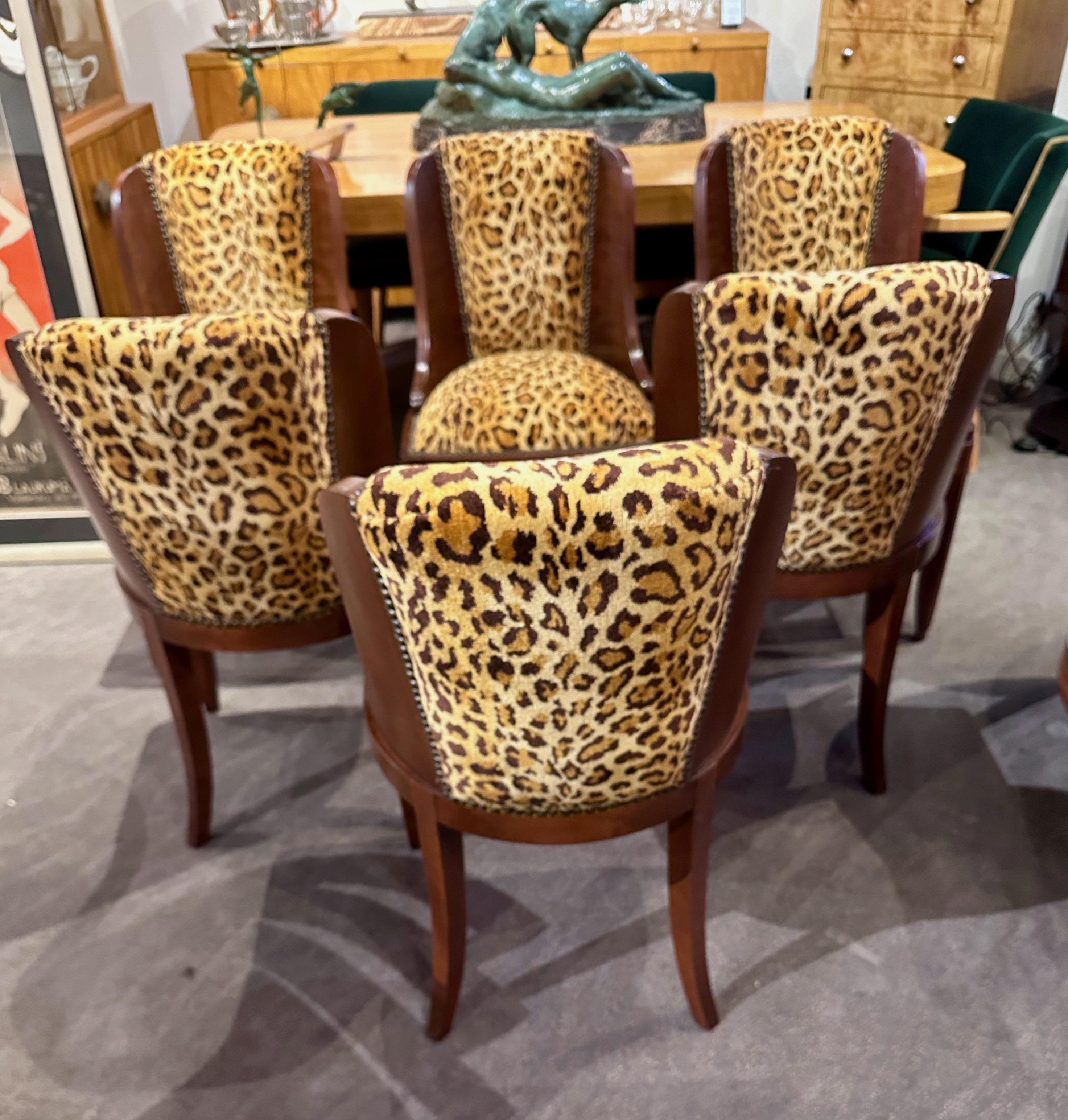 Art Deco Barrel Dining Office Chairs with Custom Leopard Fabric French In Good Condition In Oakland, CA