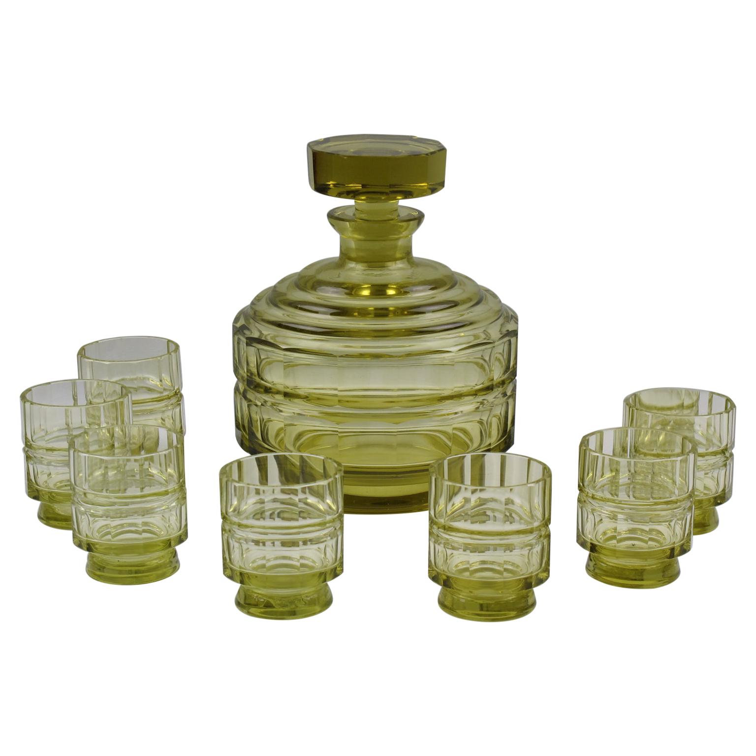 Art Deco Barware Bohemian Crystal Decanter and Glass Set, 8 Pieces