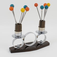 Art Deco Barware Cocktail Picks Set Macassar Wood and Chrome Candlestick