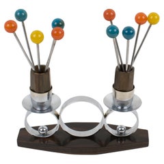 Art Deco Barware Cocktail Picks Set Macassar Wood and Chrome Candlestick