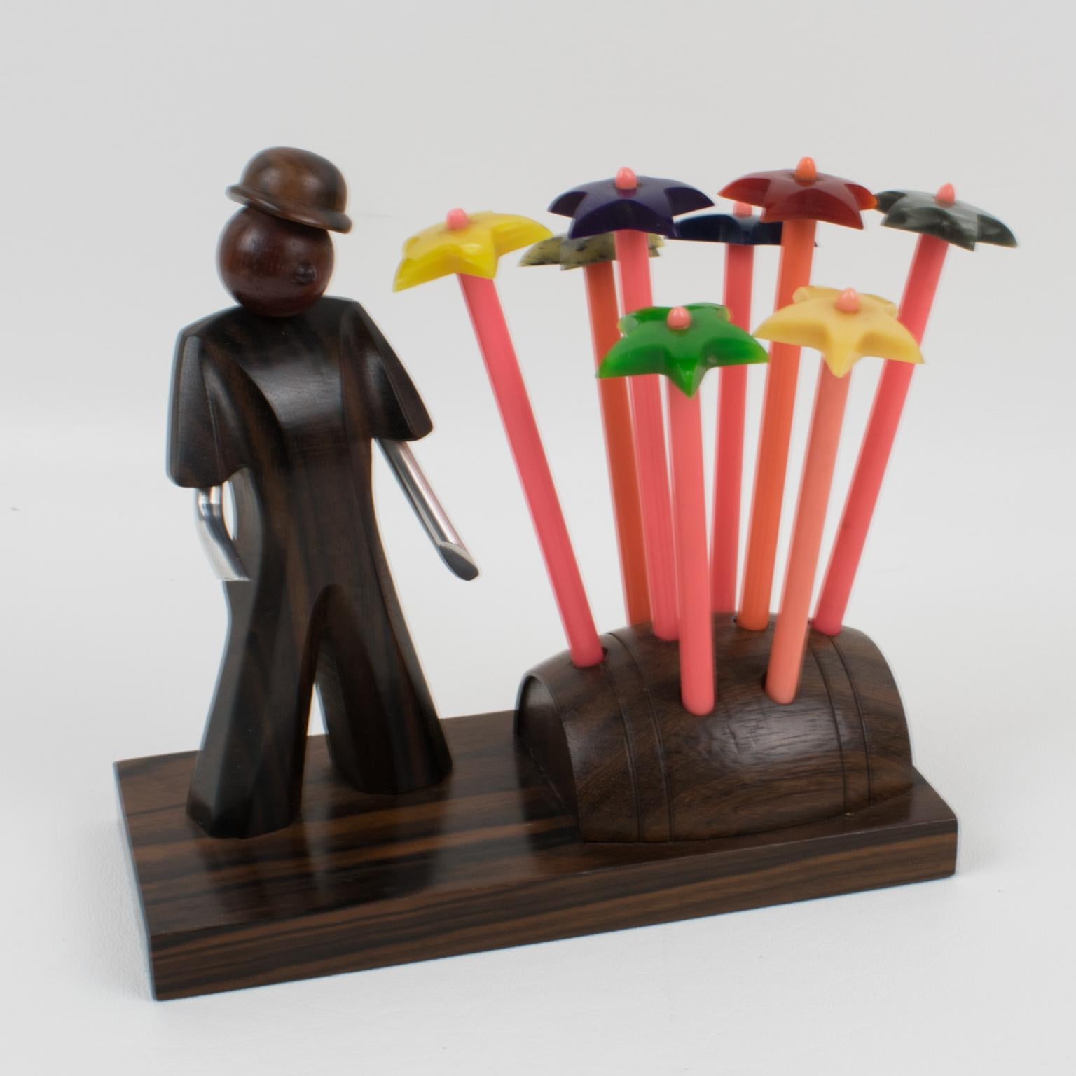 French Art Deco Barware Cocktail Stirrers Set in Macassar Wood, France 1940s  For Sale