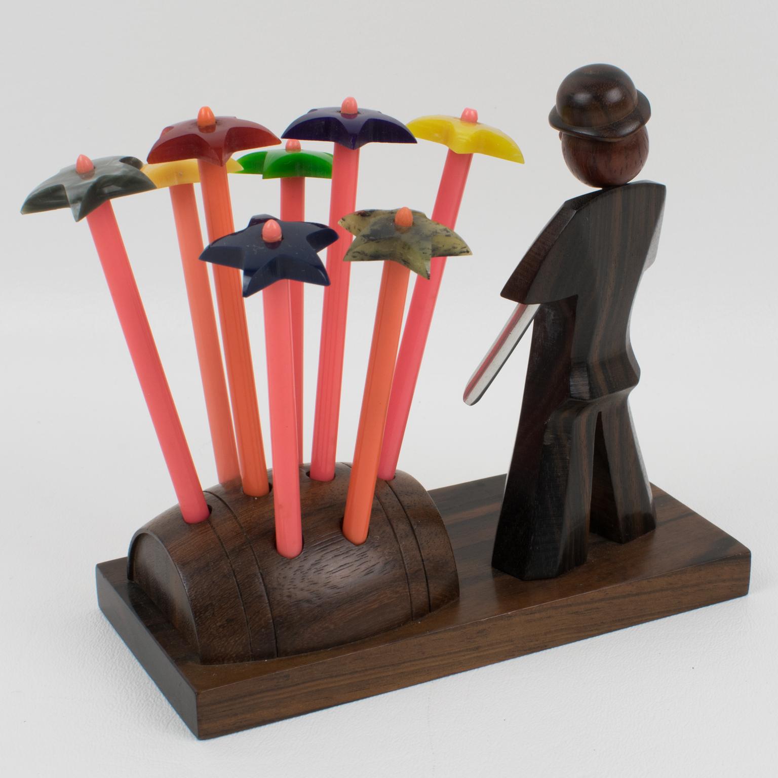 Mid-20th Century Art Deco Barware Cocktail Stirrers Set in Macassar Wood, France 1940s  For Sale
