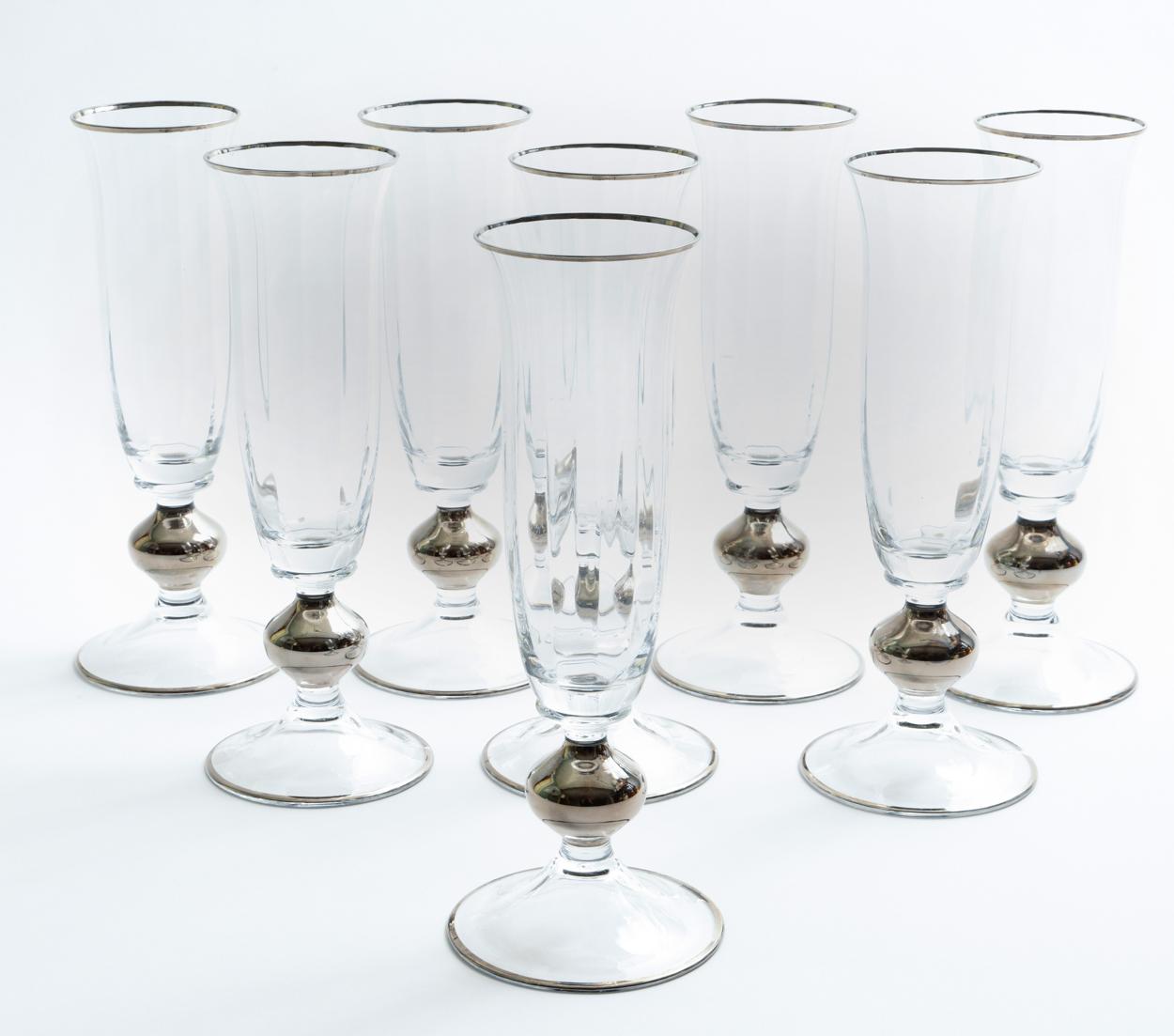 European Art Deco Barware Crystal Champagne Flute Set Eight Pieces