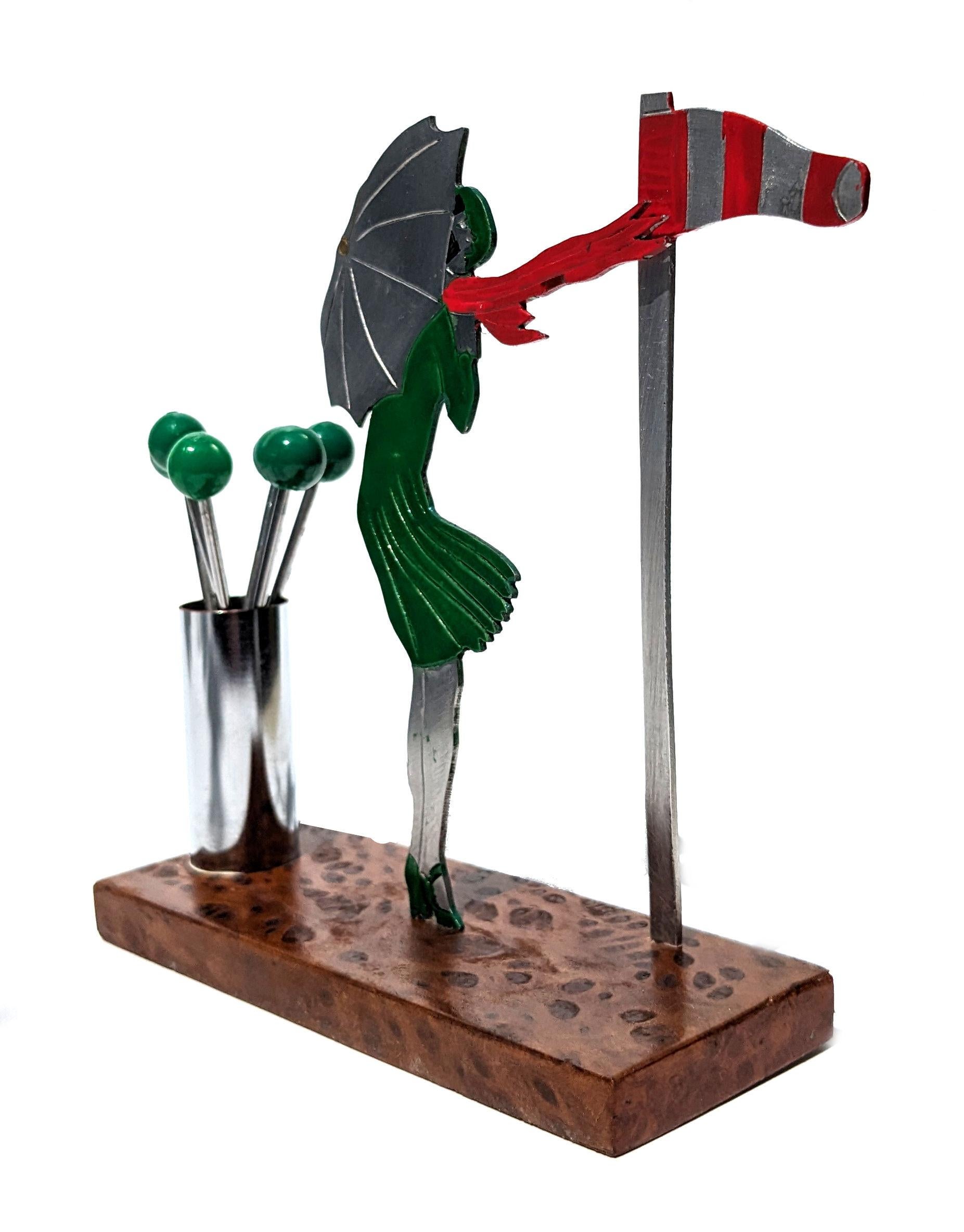 Original French wonderful novelty cocktail stick set unsigned by SUDRE with 6 green bakelite and chrome cocktail sticks. These sets are very rare and sought after , dating from the 1930s. A two dimensional coloured aluminium figural cocktail pick
