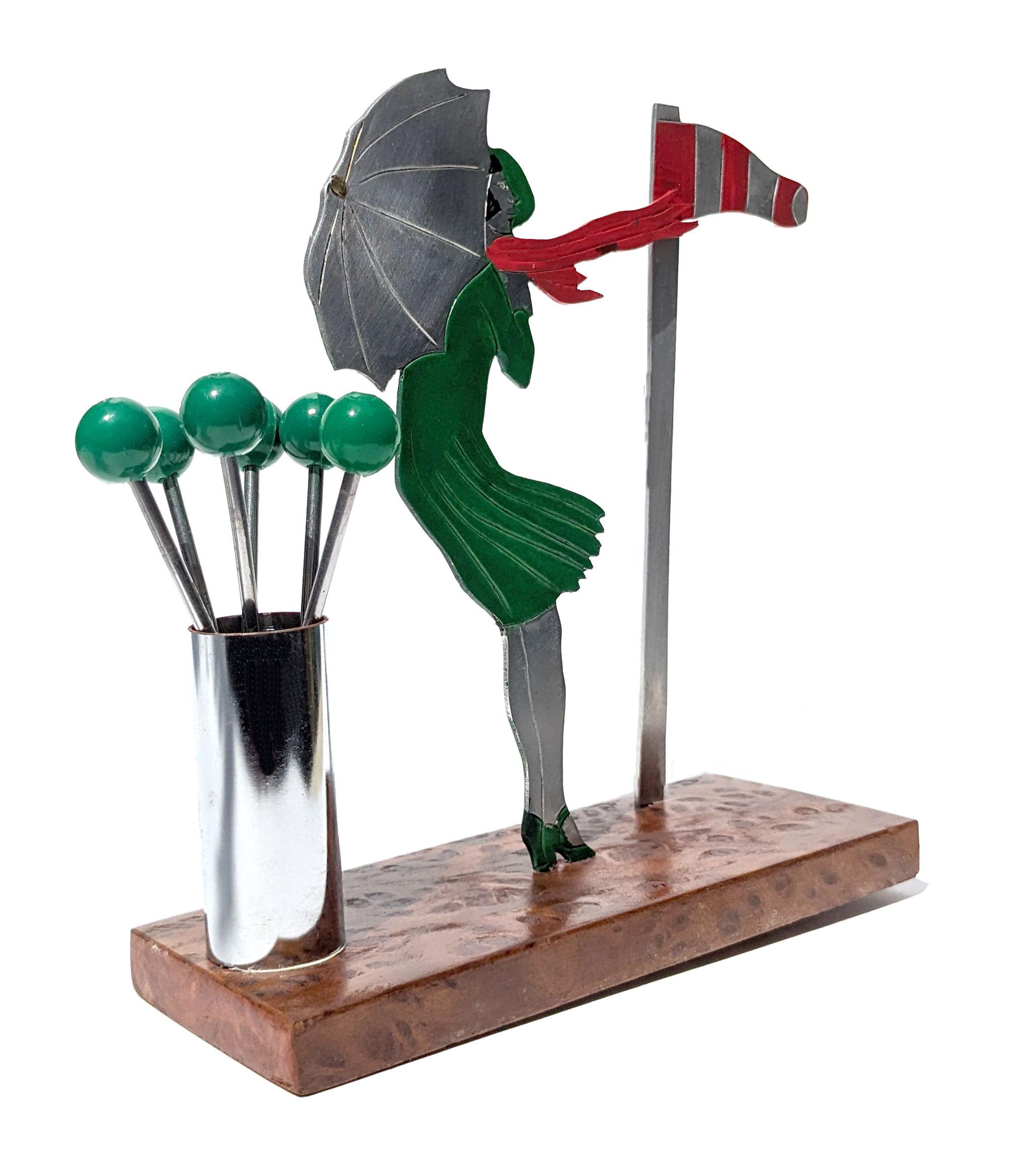 French Art Deco Barware, Novelty Cocktail Sticks 'Windy Golfing' By Sudre, c 1930's